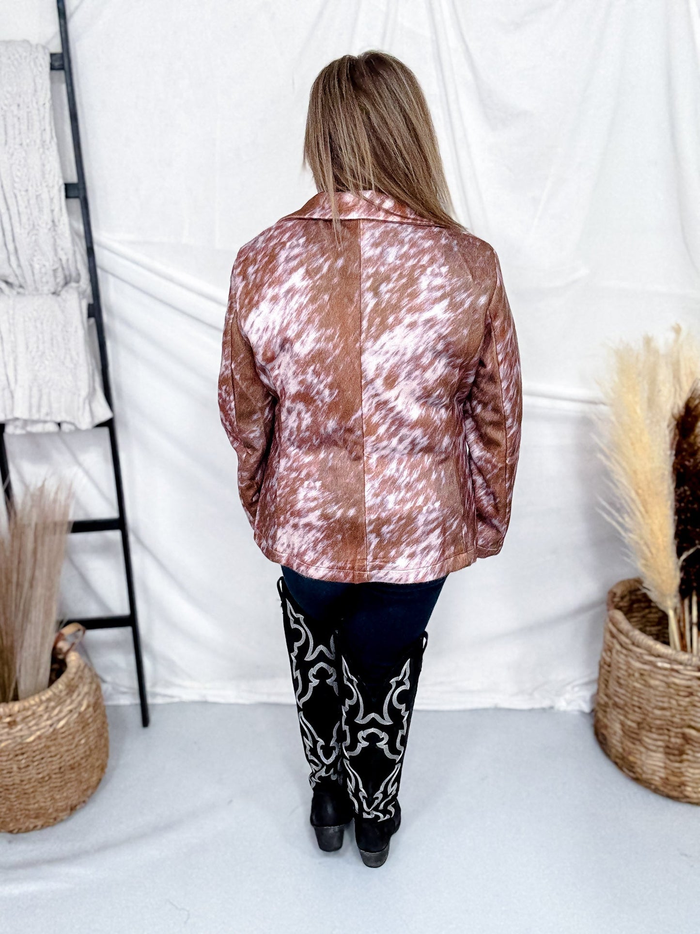 Faux Fur Cow Print Blazer With Turquoise Concho Buttons - Whiskey Skies - STERLING KREEK