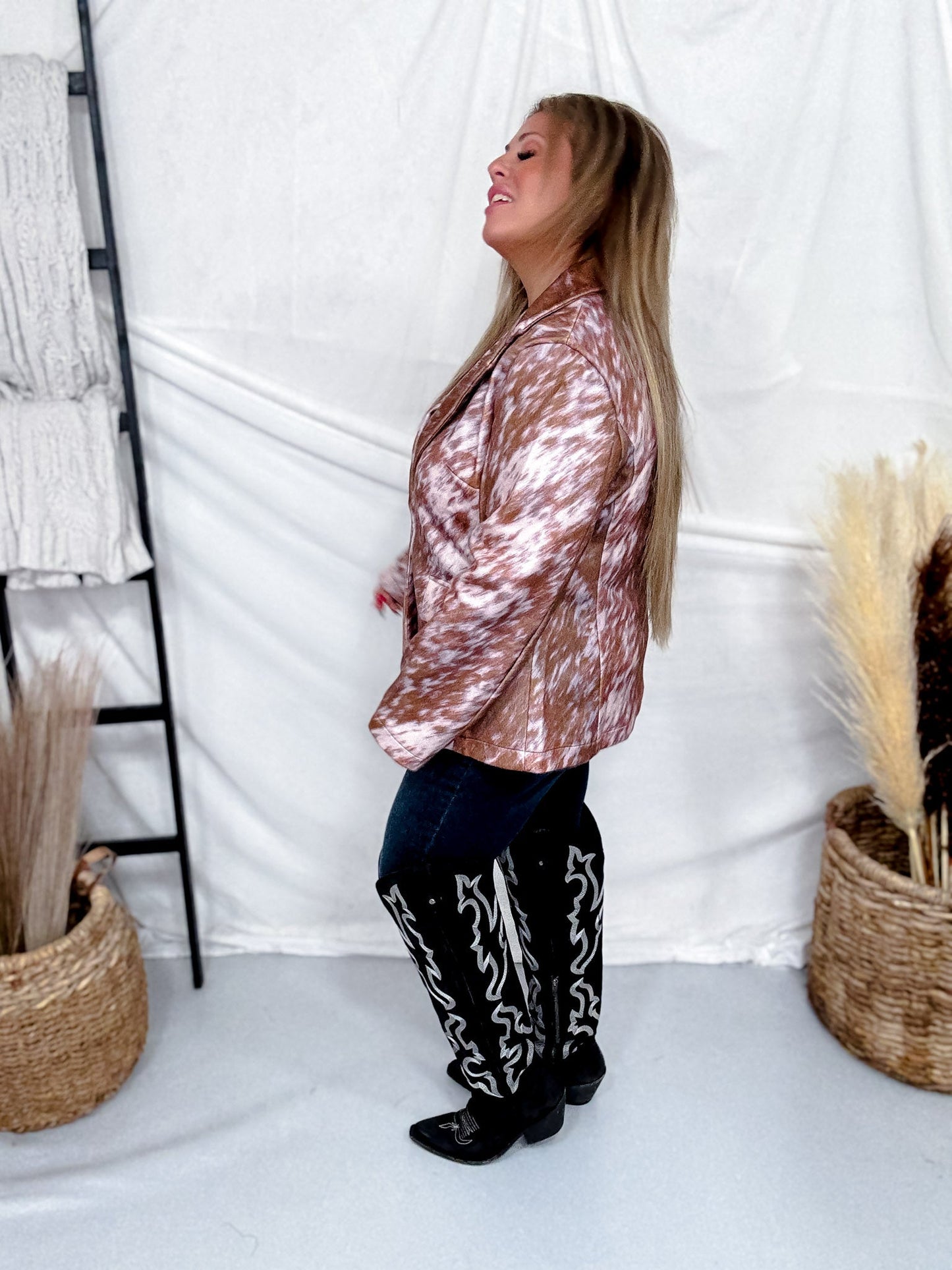 Faux Fur Cow Print Blazer With Turquoise Concho Buttons - Whiskey Skies - STERLING KREEK