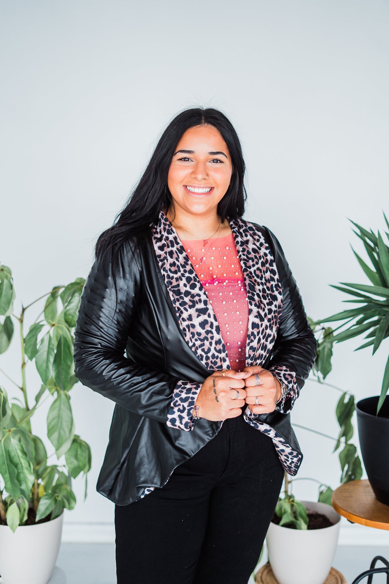 Faux Leather & Leopard Open Blazer - Whiskey Skies - HEIMISH