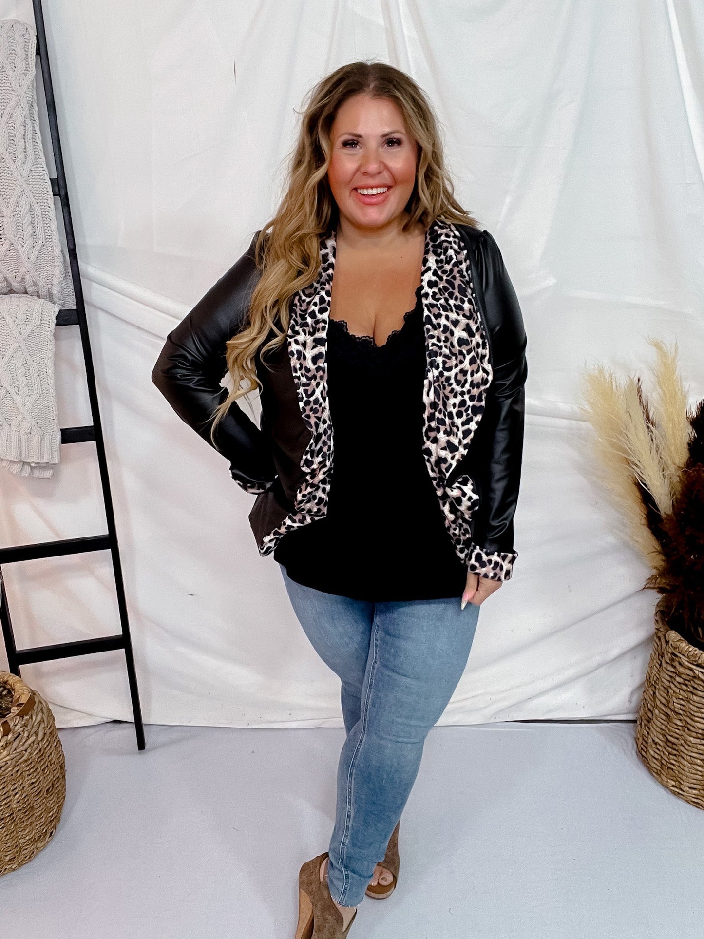 Faux Leather & Leopard Open Blazer - Whiskey Skies - HEIMISH