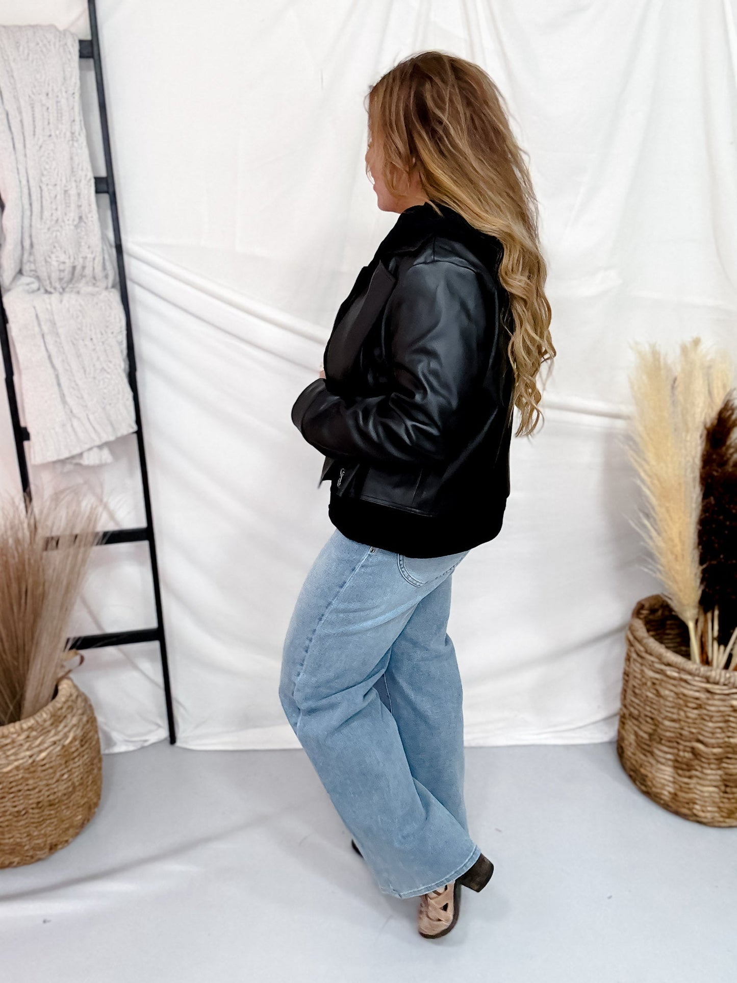 Faux Leather Moto Jacket With Layered Hoodie - Whiskey Skies - DAVI & DANI