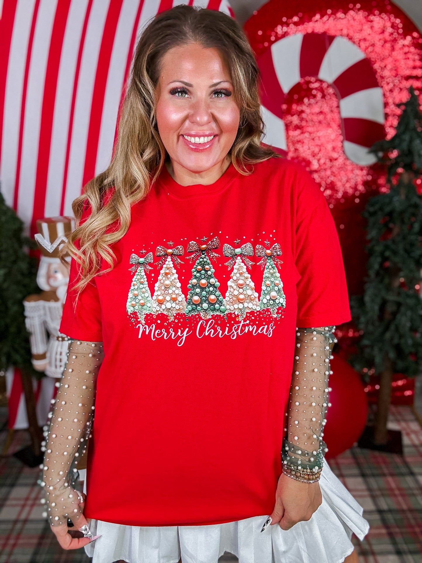 Faux Pearl Christmas Trees Graphic T-Shirt - Whiskey Skies - JOCO INK GRAPHIC APPAREL