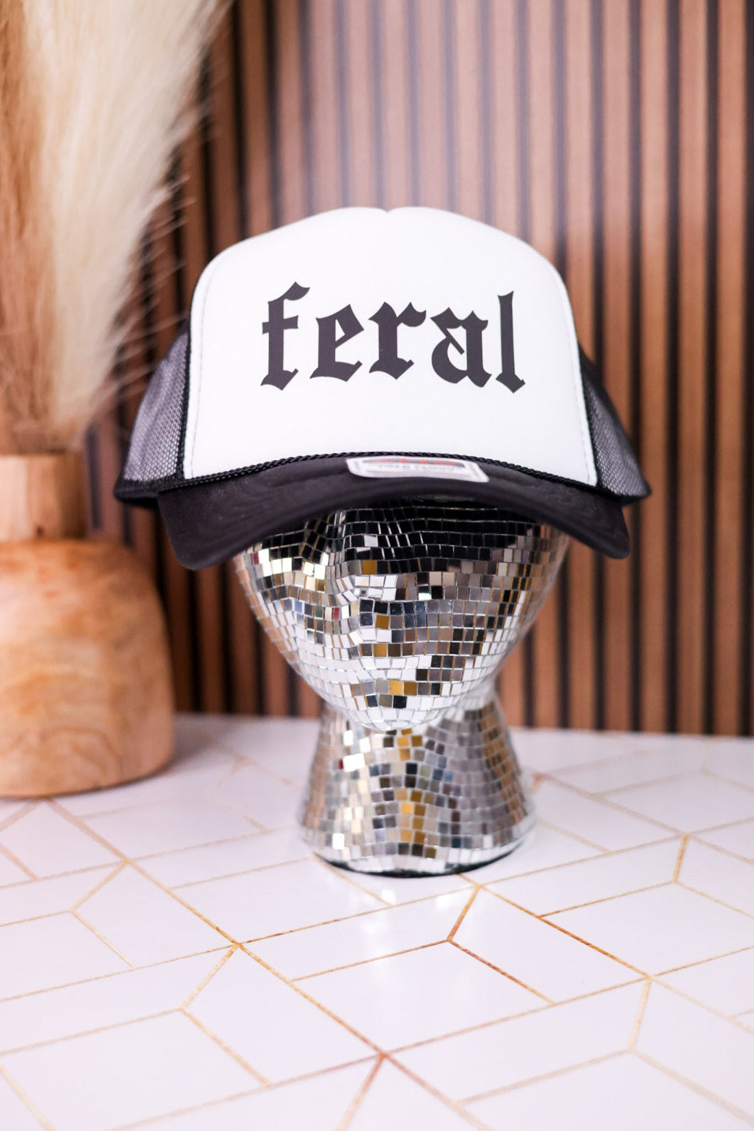 "Feral" Black & White Print Trucker Hat - Whiskey Skies - 1/2 PENNY WHOLESALE