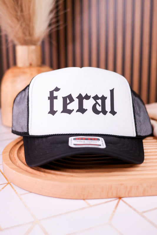 "Feral" Black & White Print Trucker Hat - Whiskey Skies - 1/2 PENNY WHOLESALE