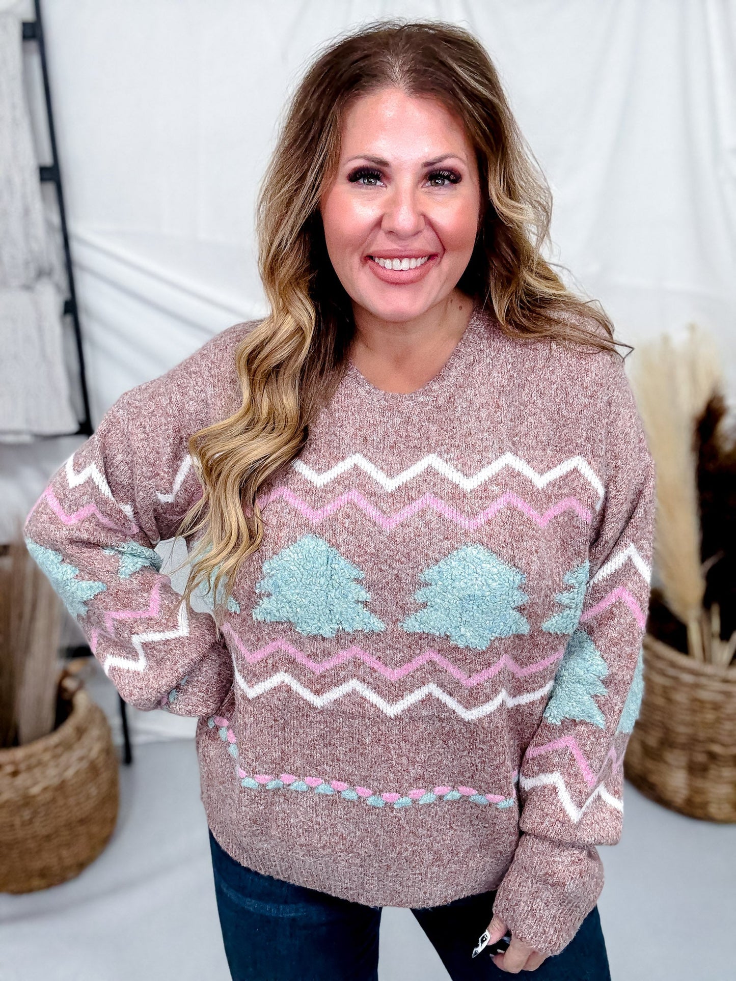 Festive Fluffy Christmas Tree Sweater In Gingerbread - Whiskey Skies - ADORA