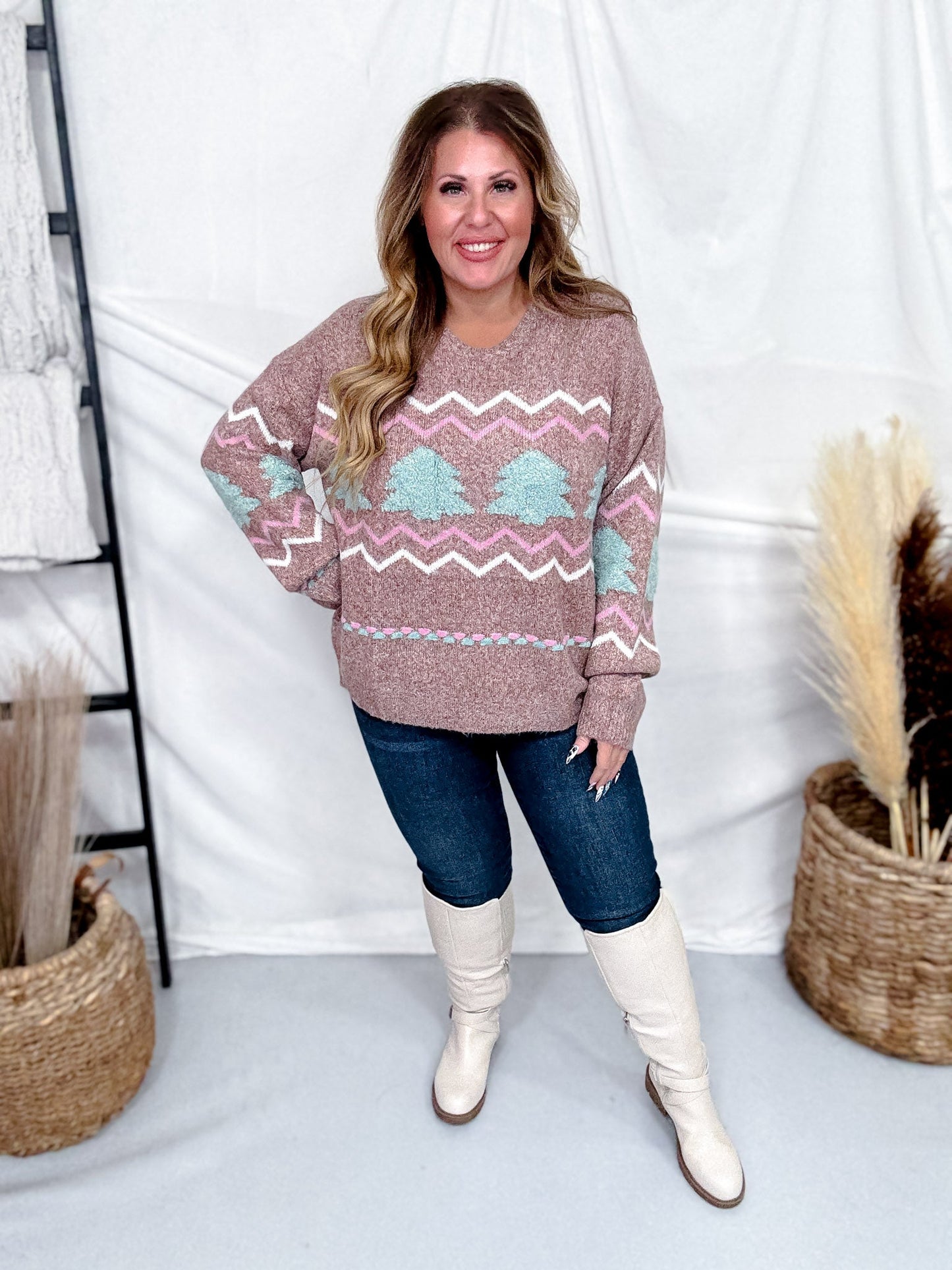 Festive Fluffy Christmas Tree Sweater In Gingerbread - Whiskey Skies - ADORA
