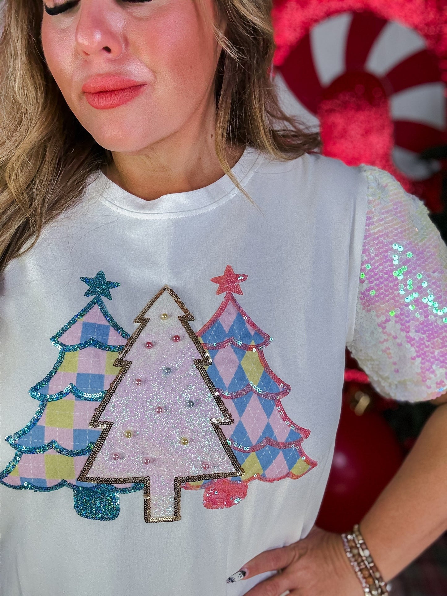 Festive Forest Top With Sequin Sleeves - Whiskey Skies - SOUTHERN GRACE