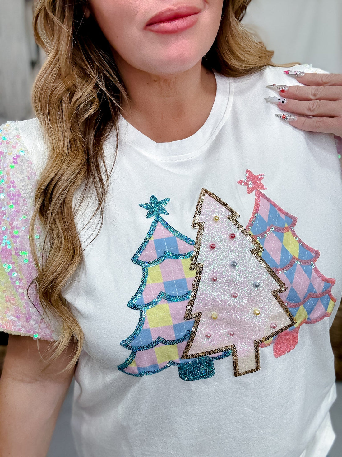 Festive Forest Top With Sequin Sleeves - Whiskey Skies - SOUTHERN GRACE