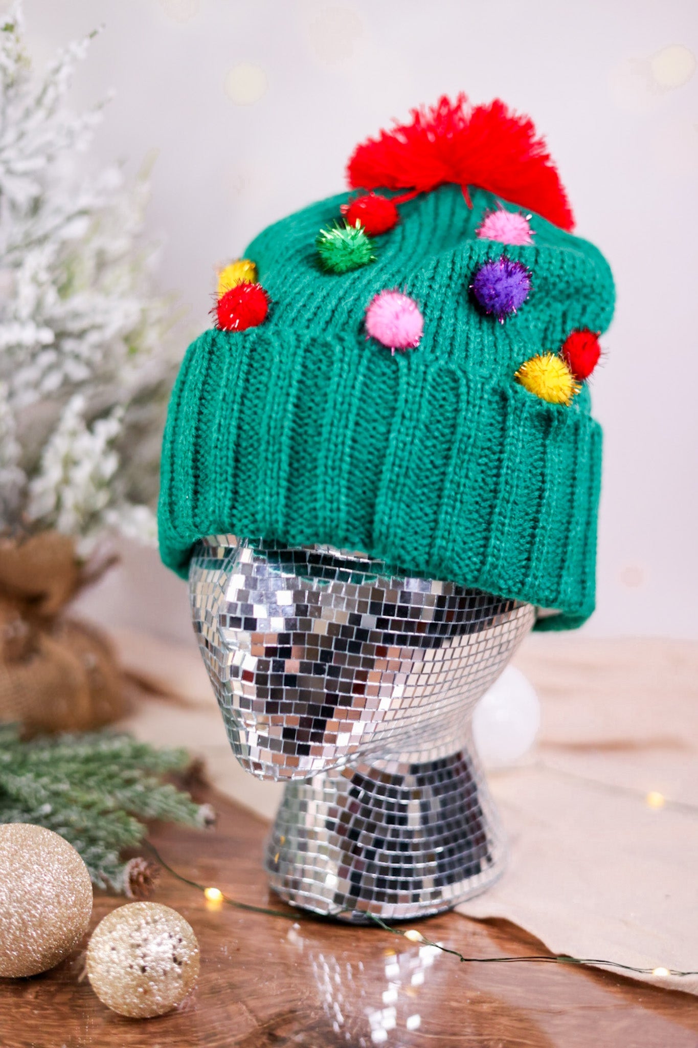 Festive Knit Beanie with Multicolored Pom Poms - Whiskey Skies - COCO + CARMEN