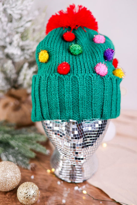 Festive Knit Beanie with Multicolored Pom Poms - Whiskey Skies - COCO + CARMEN