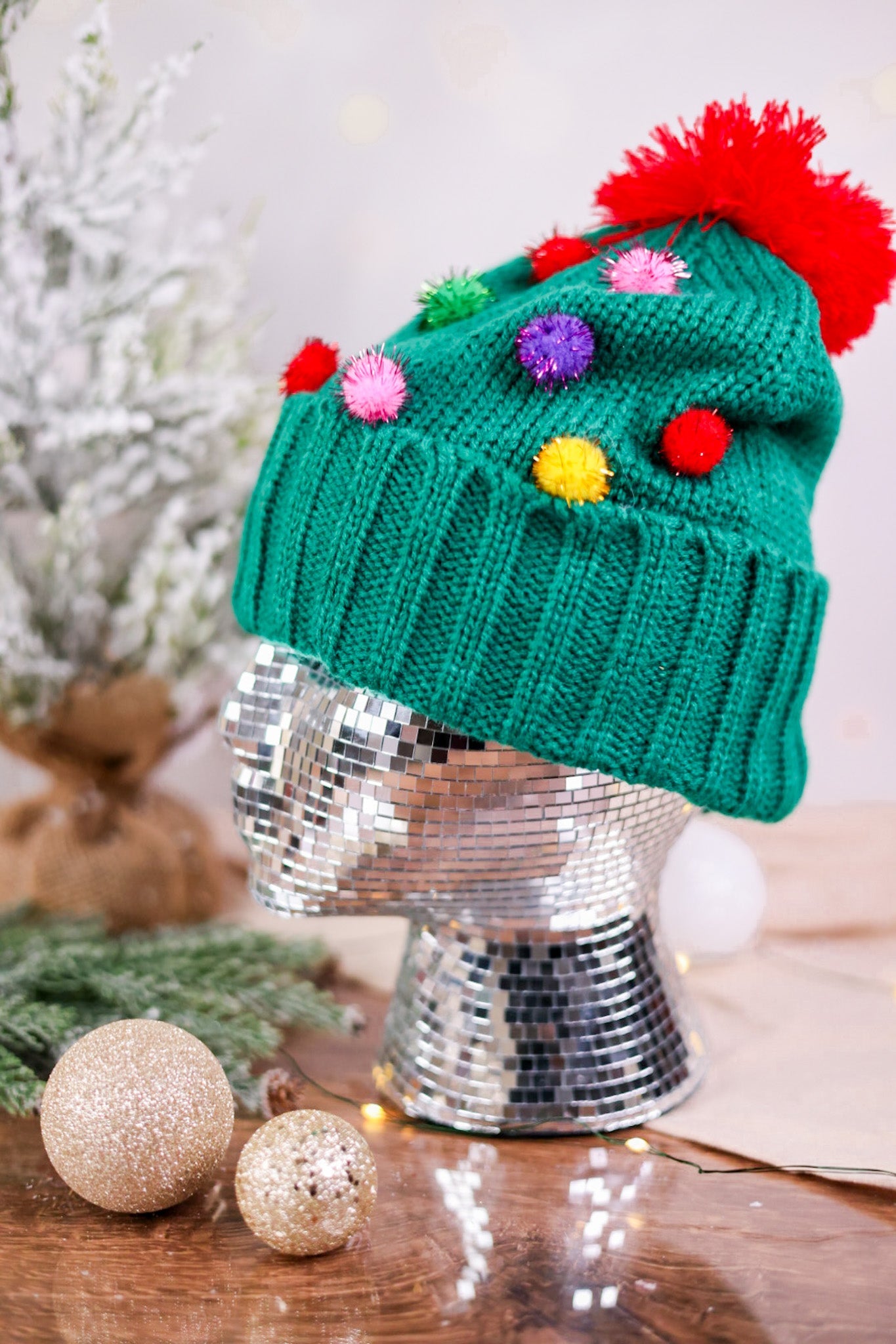 Festive Knit Beanie with Multicolored Pom Poms - Whiskey Skies - COCO + CARMEN