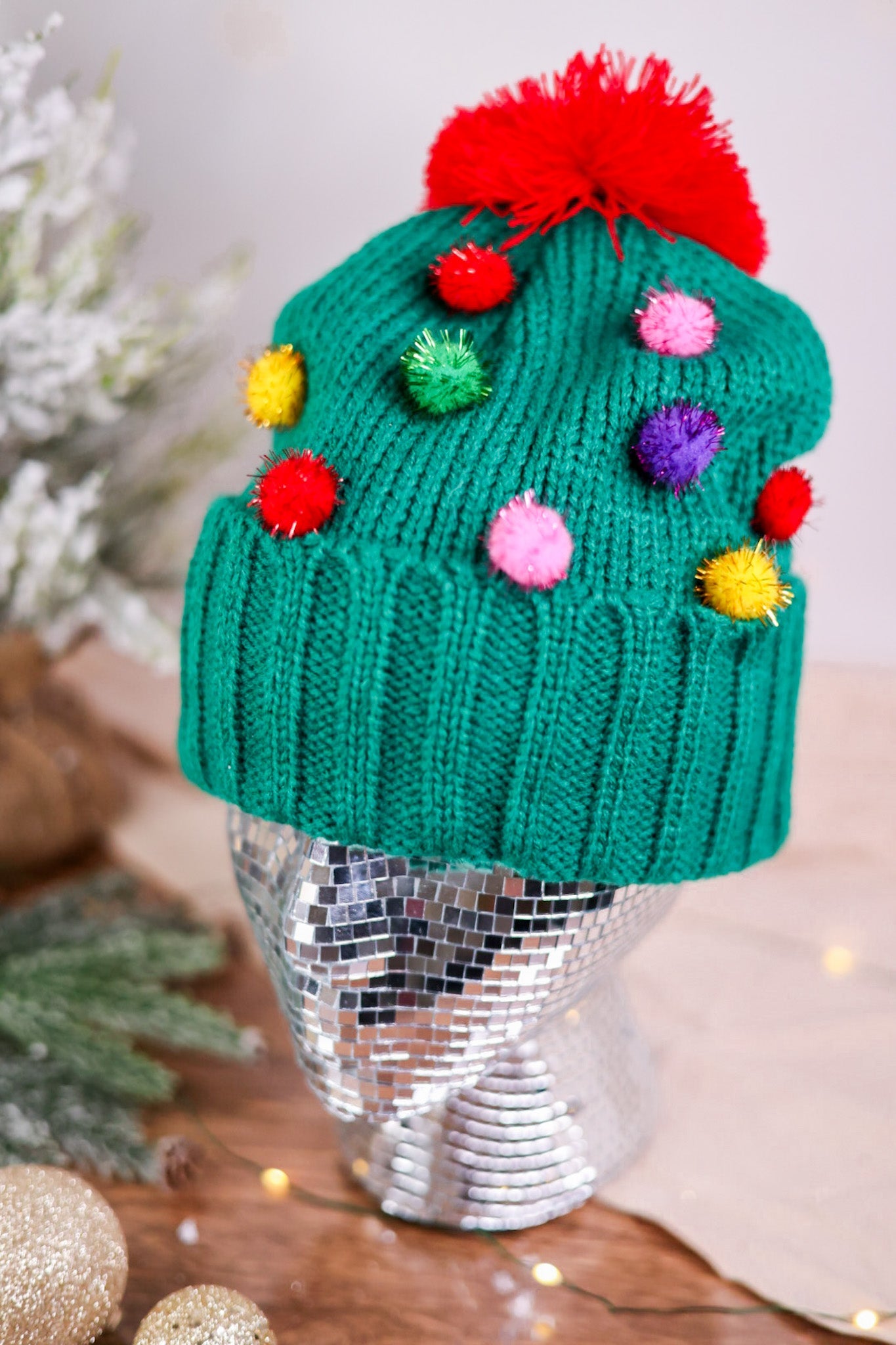 Festive Knit Beanie with Multicolored Pom Poms - Whiskey Skies - COCO + CARMEN