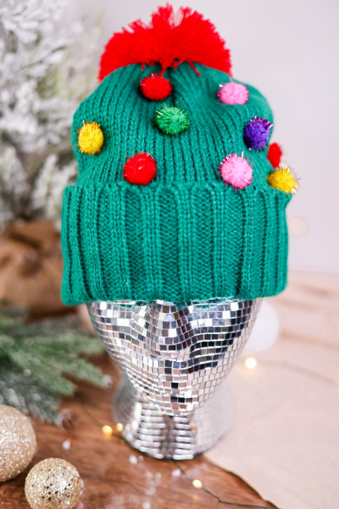 Festive Knit Beanie with Multicolored Pom Poms - Whiskey Skies - COCO + CARMEN