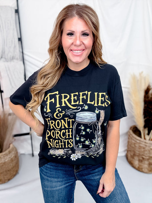 Fireflies & Front Porch Nights Black Graphic Tee - Whiskey Skies - GLAIME