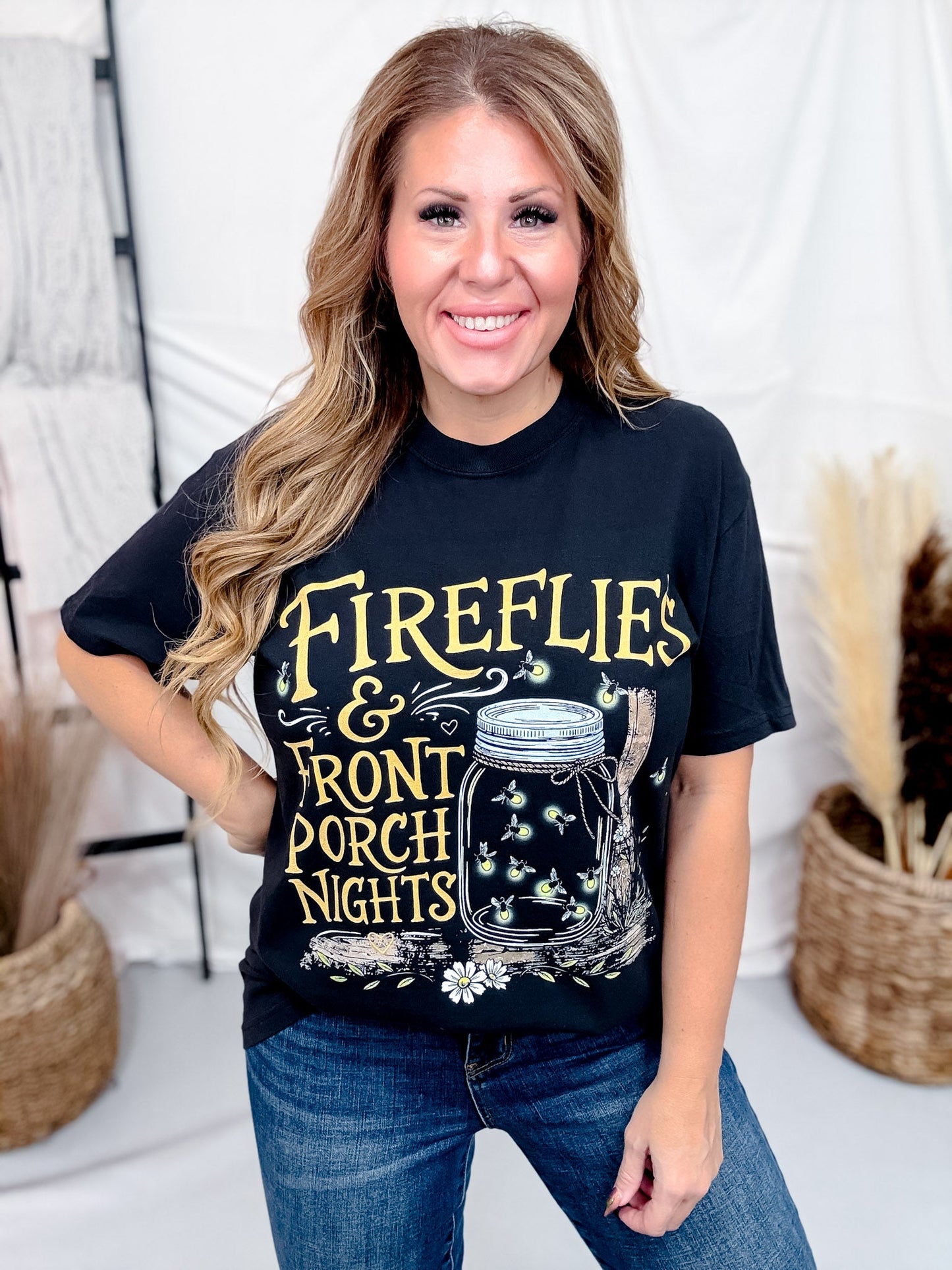 Fireflies & Front Porch Nights Black Graphic Tee - Whiskey Skies - GLAIME