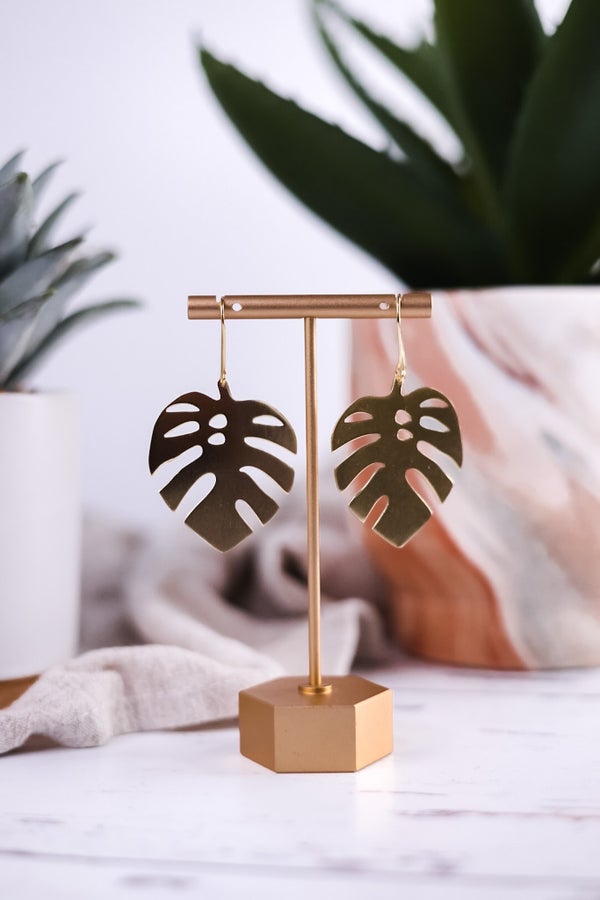 Flora Monstera Leaf Earrings Brass - Whiskey Skies - INK+ALLOY