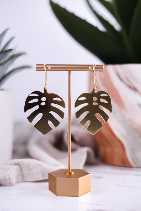 Flora Monstera Leaf Earrings Brass - Whiskey Skies - INK+ALLOY