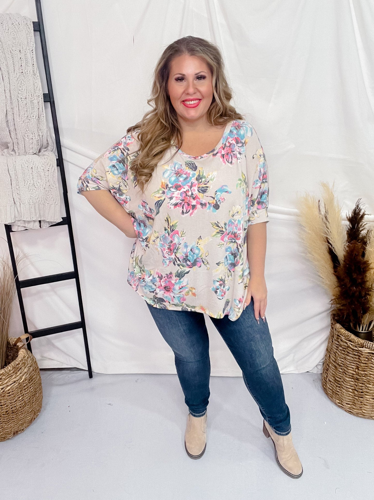 Floral and Taupe Flowy Top - Whiskey Skies - DEAR SCARLETT