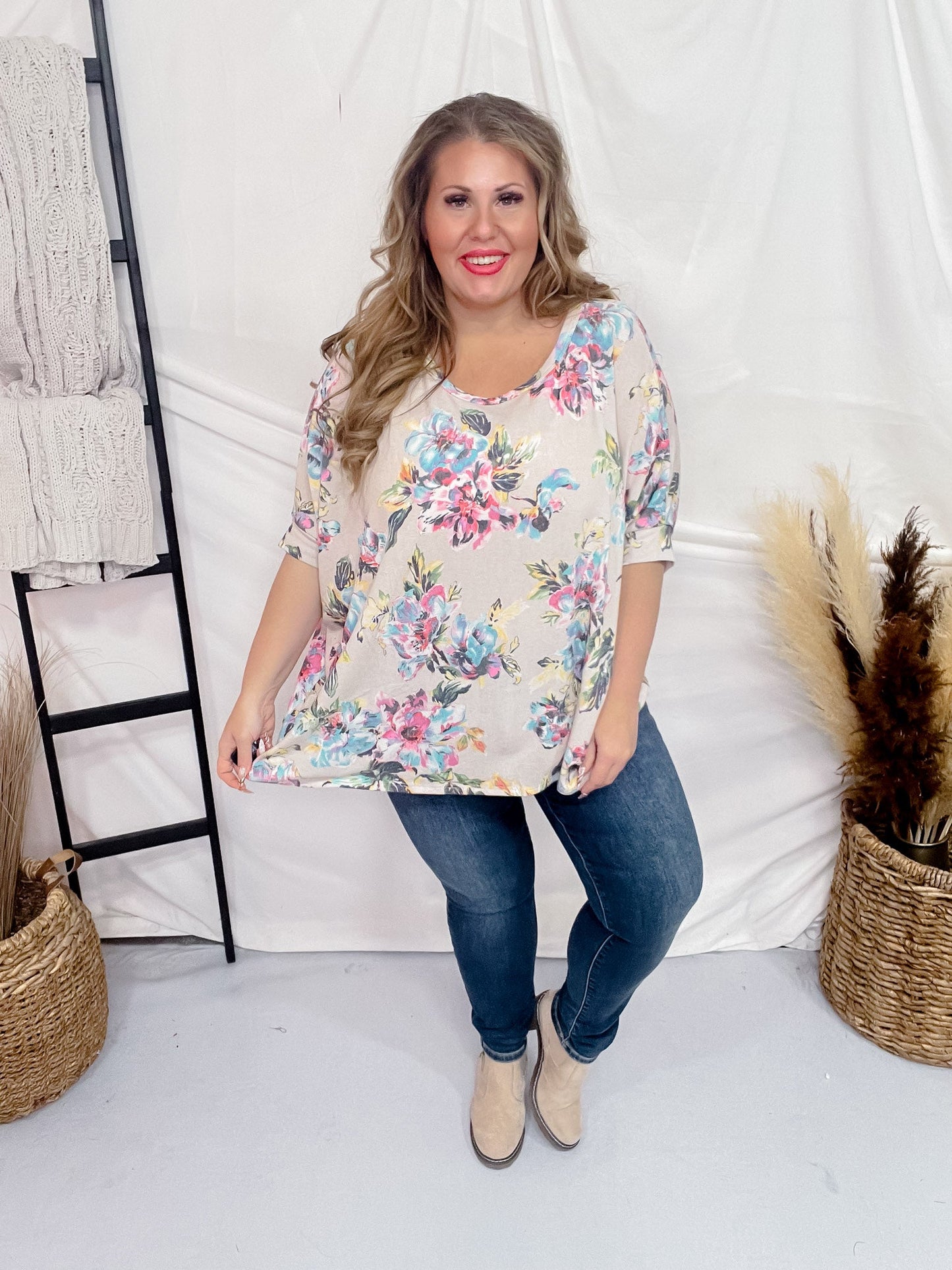 Floral and Taupe Flowy Top - Whiskey Skies - DEAR SCARLETT