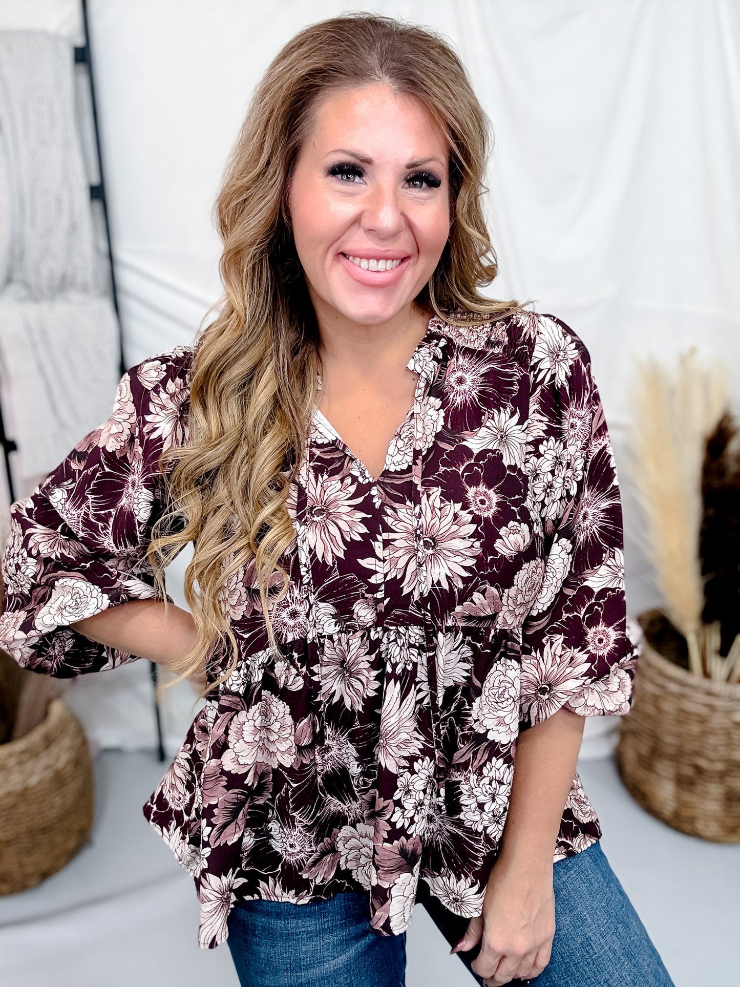 Floral Burgundy Babydoll Blouse With Tie-neck - Whiskey Skies - HEIMISH