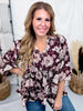 Floral Burgundy Babydoll Blouse With Tie-neck - Whiskey Skies - HEIMISH
