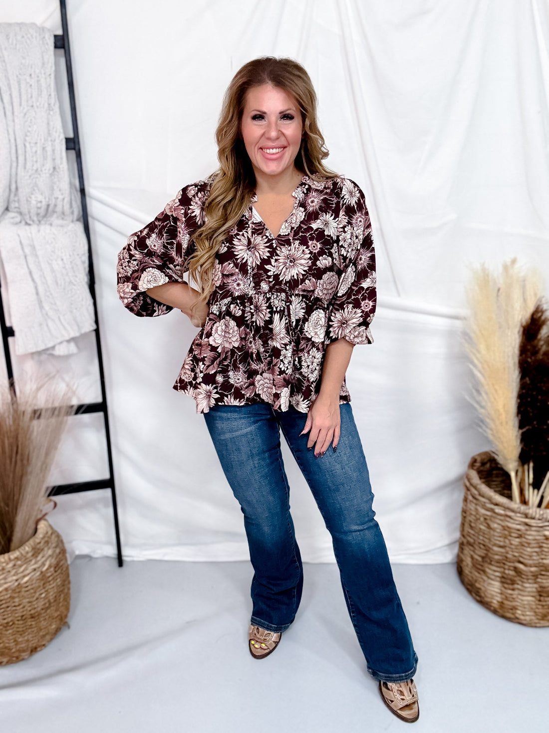 Floral Burgundy Babydoll Blouse With Tie-neck - Whiskey Skies - HEIMISH