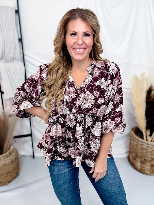 Floral Burgundy Babydoll Blouse With Tie-neck - Whiskey Skies - HEIMISH