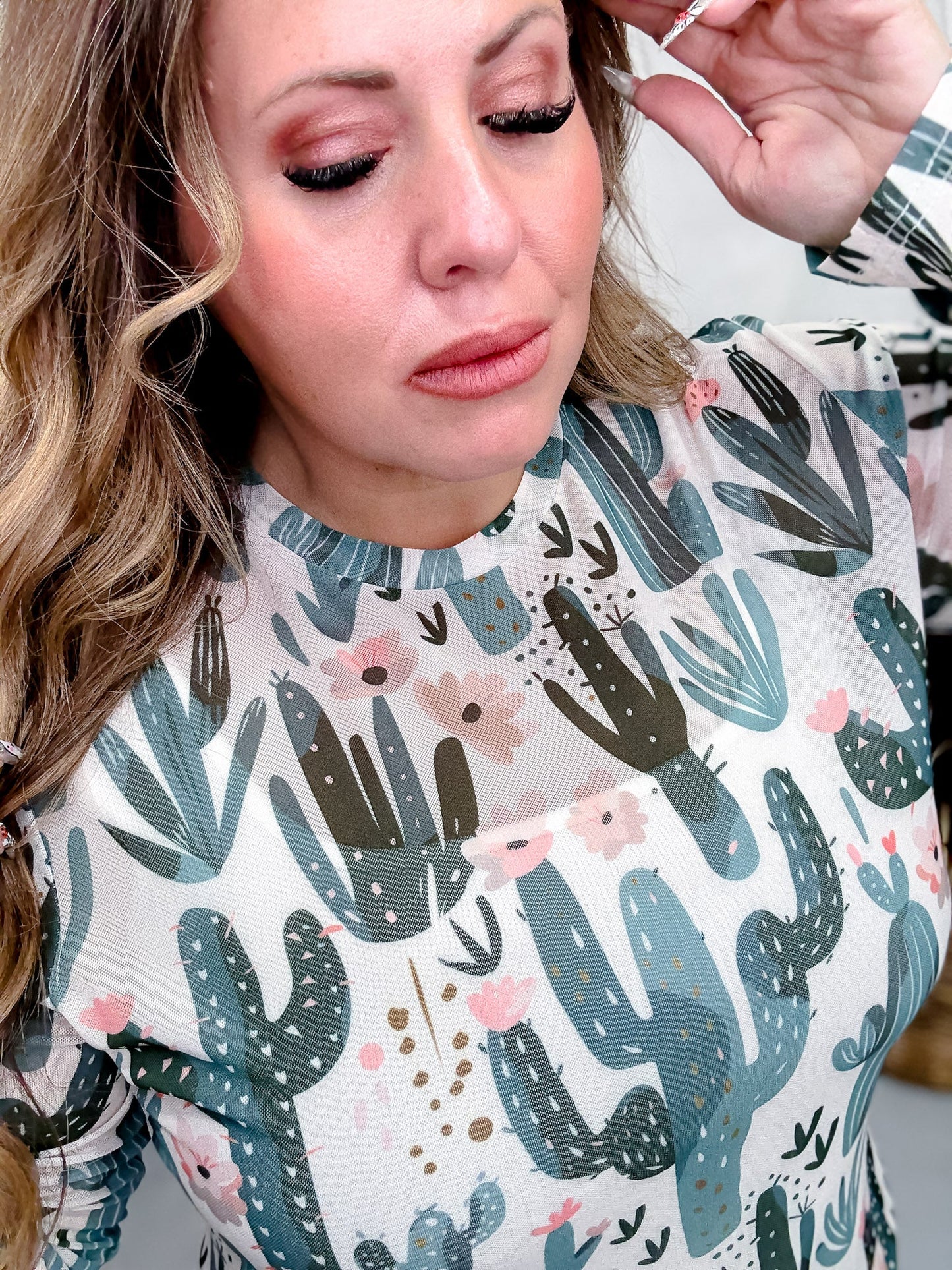 Floral Cactus Print Long Sleeve Mesh Top - Whiskey Skies - SHIRLEY & STONE