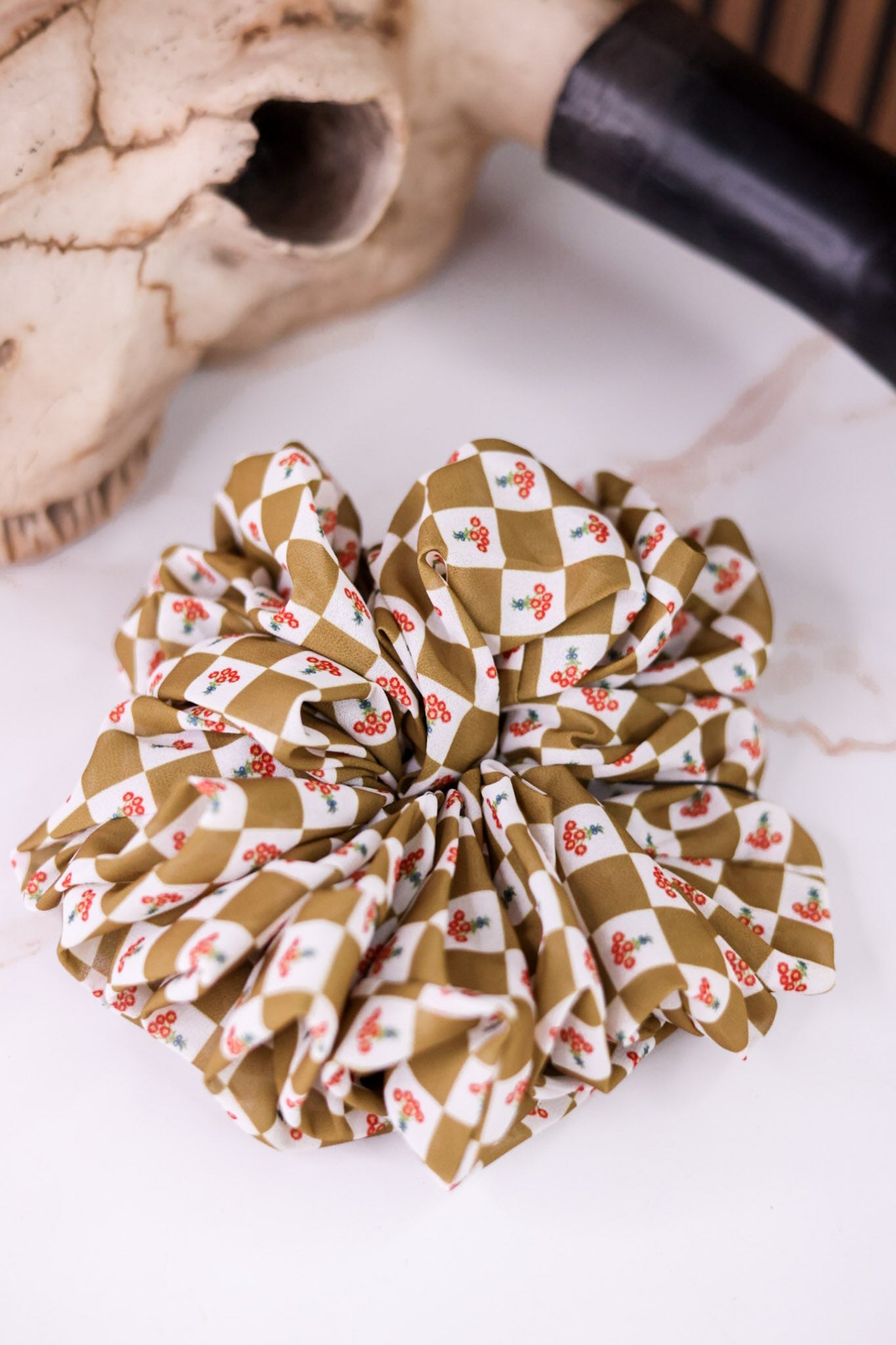Floral Checkered Jumbo Scrunchie - Whiskey Skies - KAXI