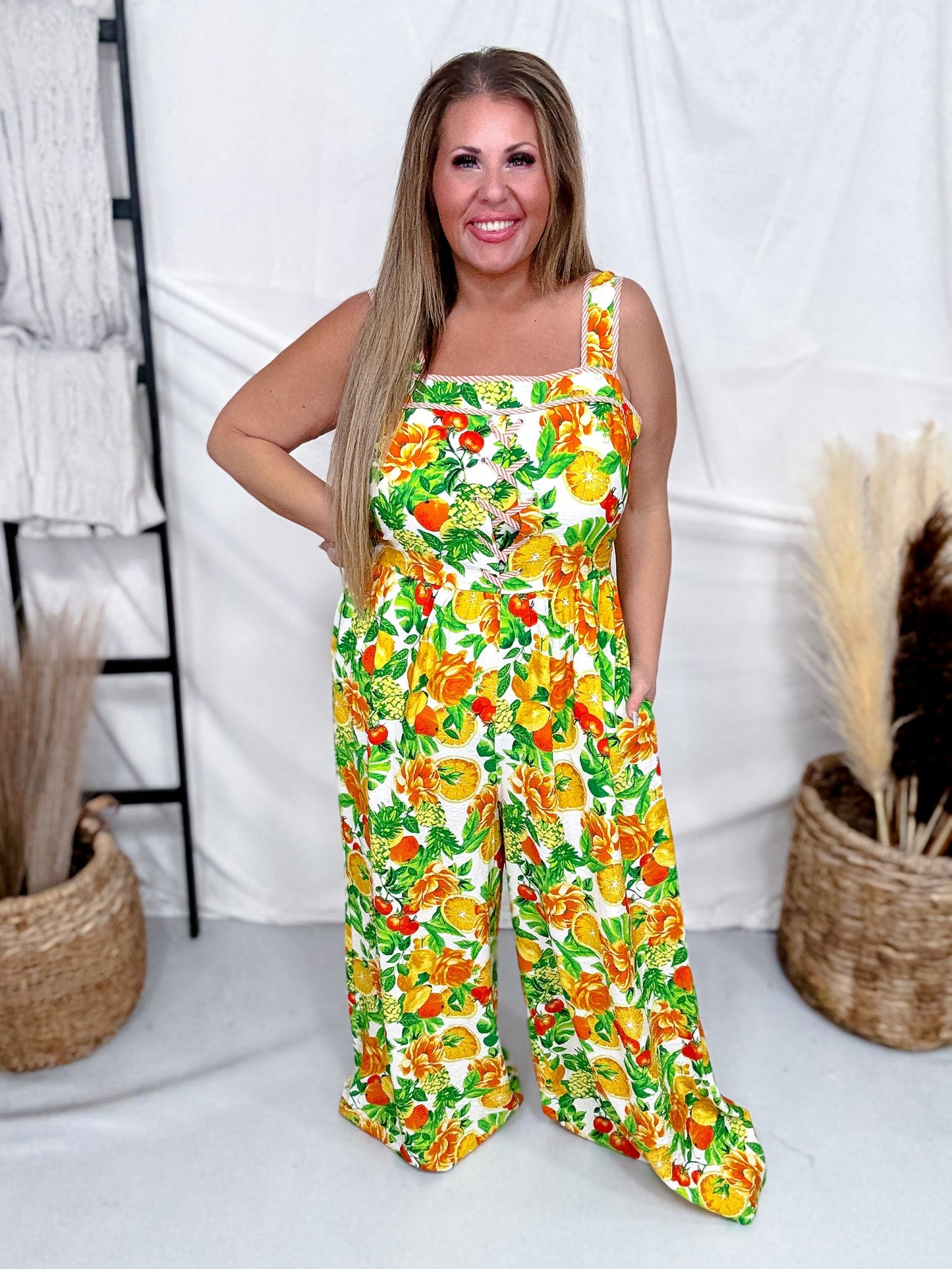 Floral Citrus Print Sleeveless Jumpsuit With Front Lacing - Whiskey Skies - ODDI