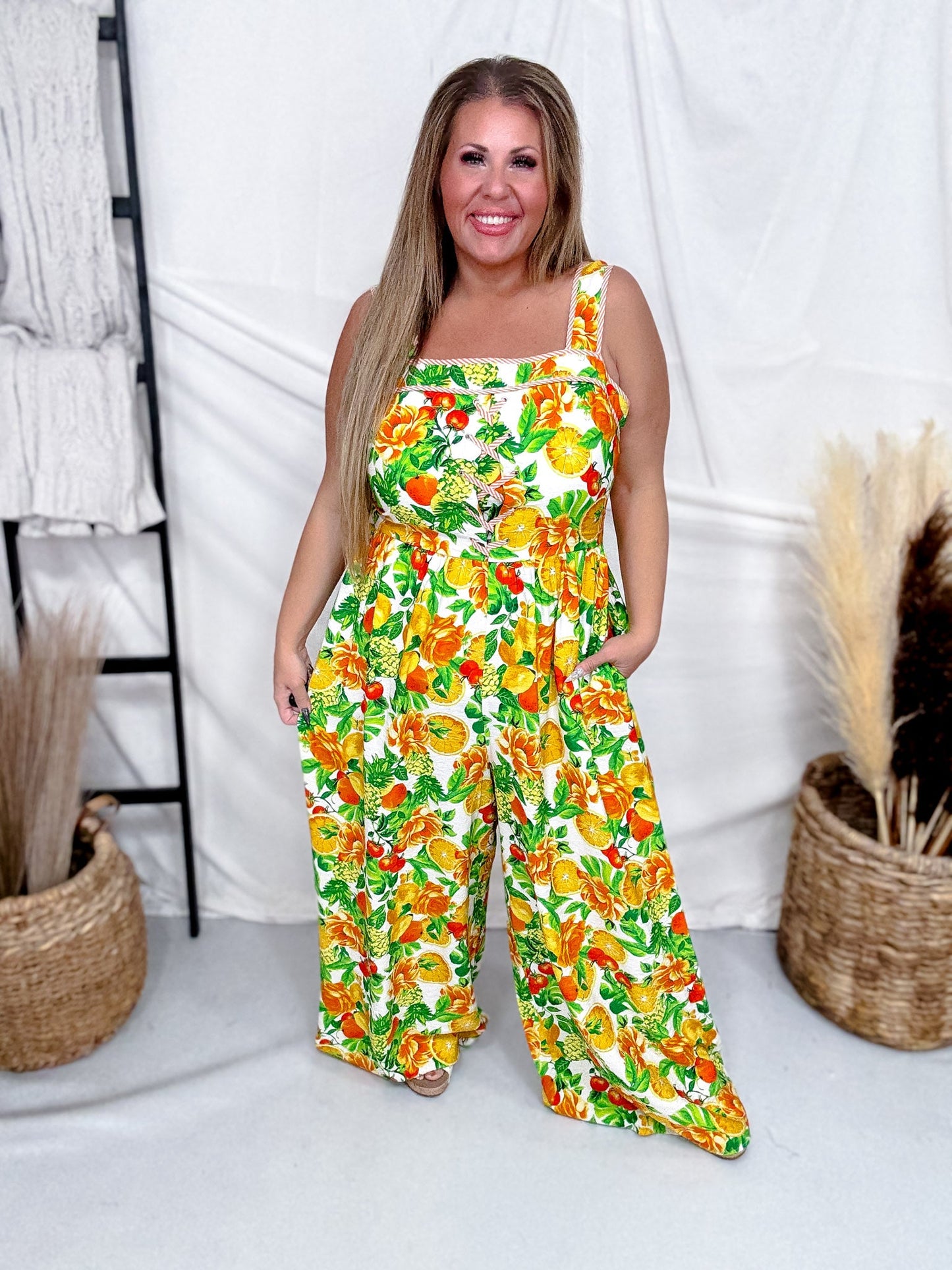 Floral Citrus Print Sleeveless Jumpsuit With Front Lacing - Whiskey Skies - ODDI
