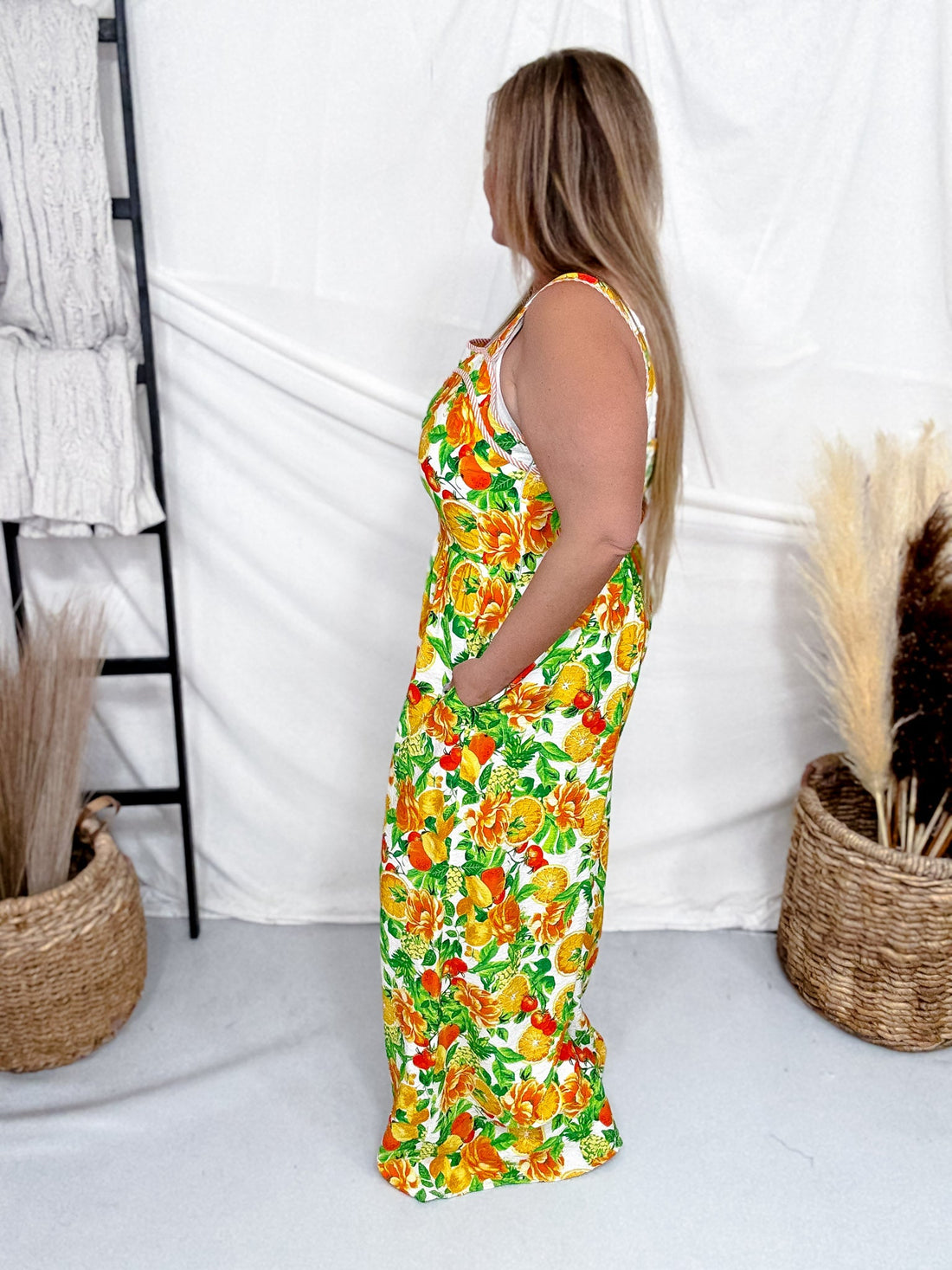 Floral Citrus Print Sleeveless Jumpsuit With Front Lacing - Whiskey Skies - ODDI