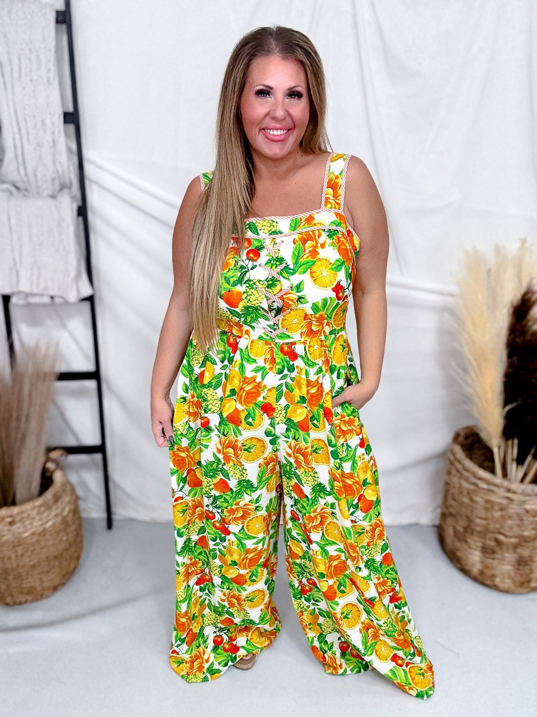 Floral Citrus Print Sleeveless Jumpsuit With Front Lacing - Whiskey Skies - ODDI