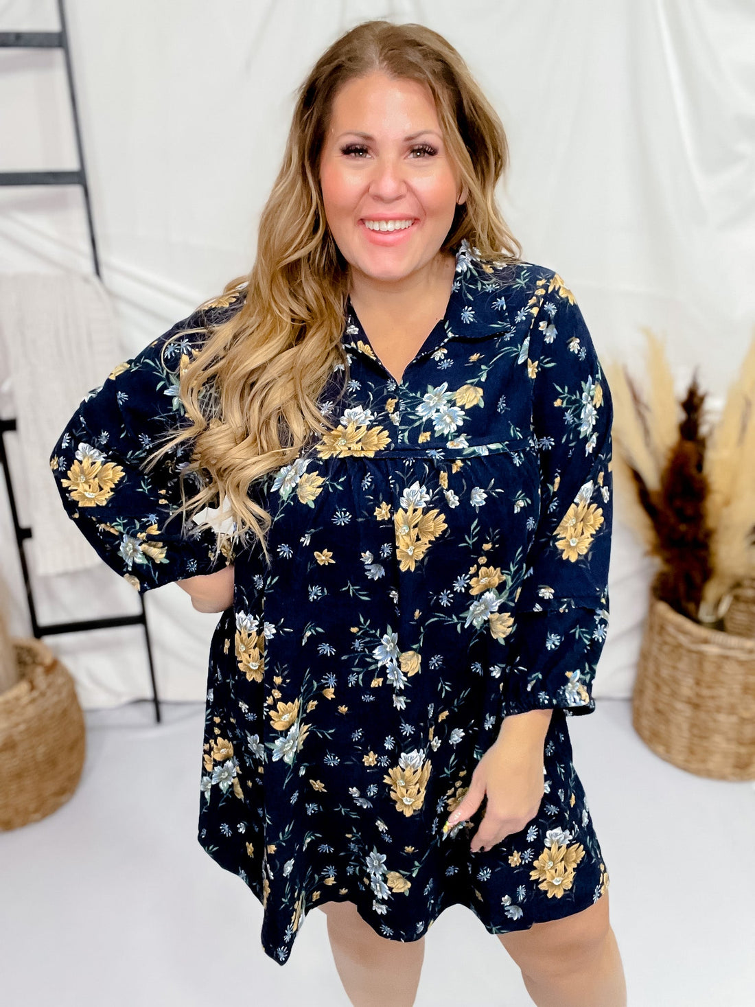 Floral Corduroy Collared Midi Dress - Whiskey Skies - UMGEE