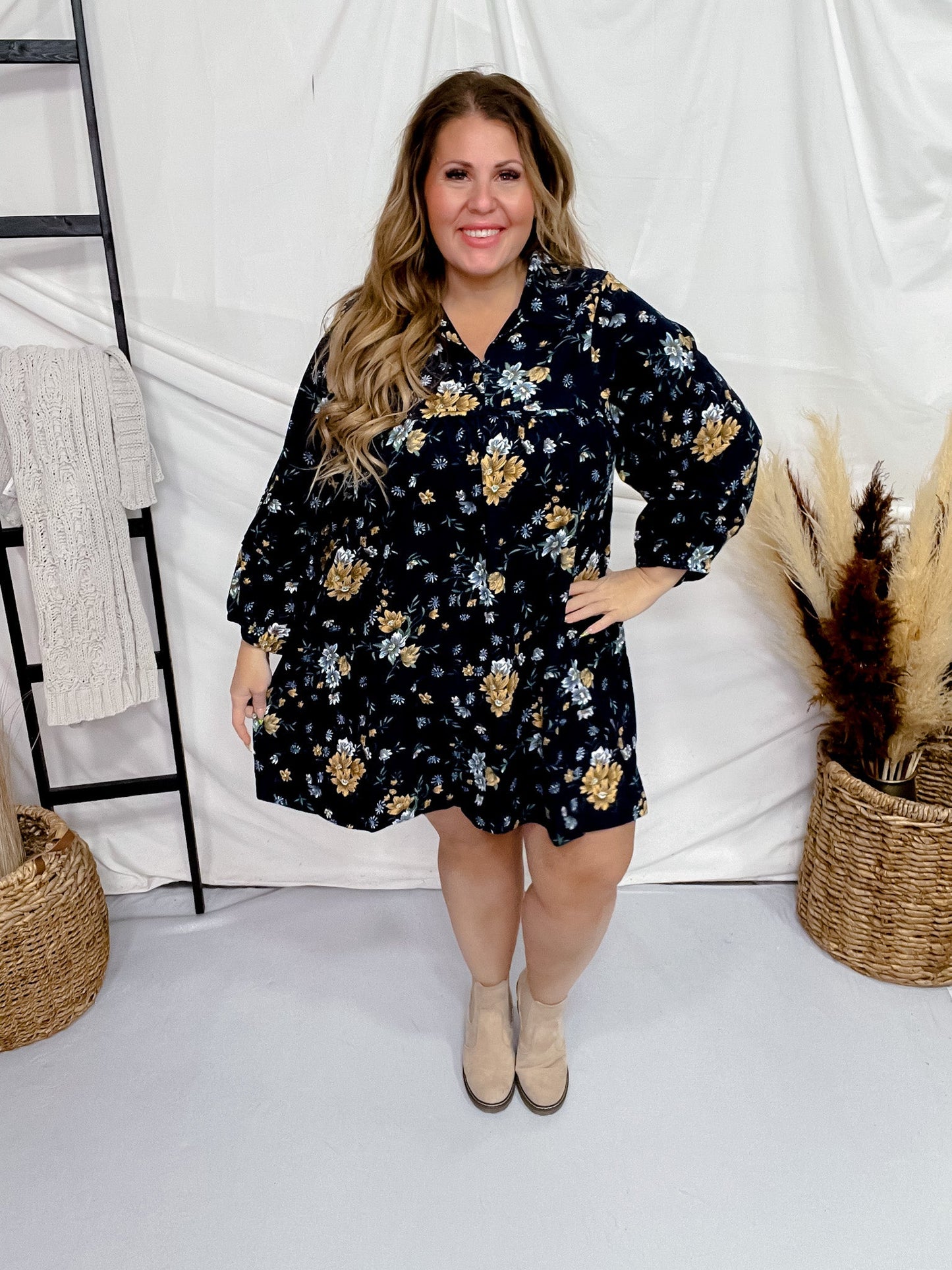 Floral Corduroy Collared Midi Dress - Whiskey Skies - UMGEE