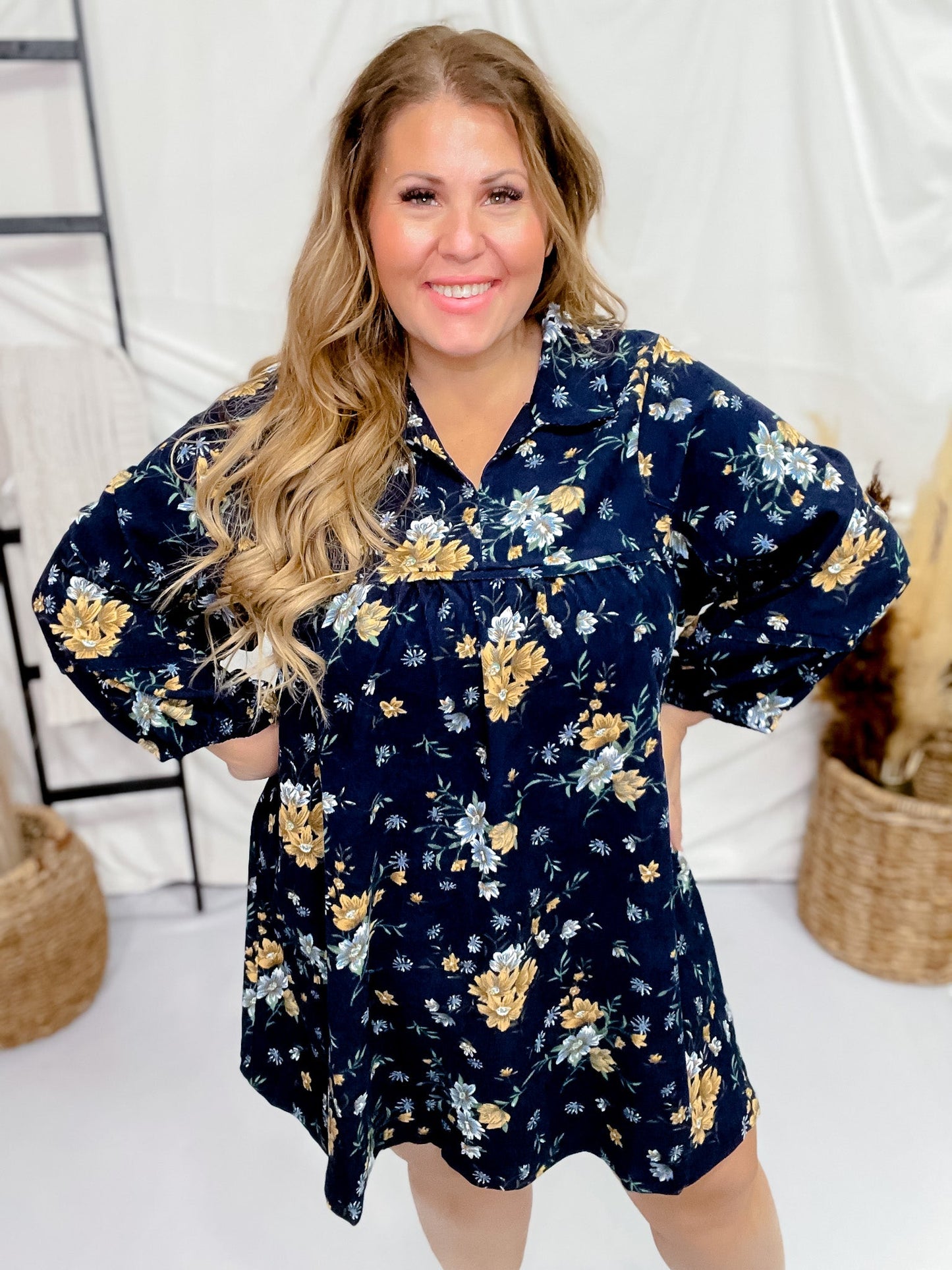 Floral Corduroy Collared Midi Dress - Whiskey Skies - UMGEE