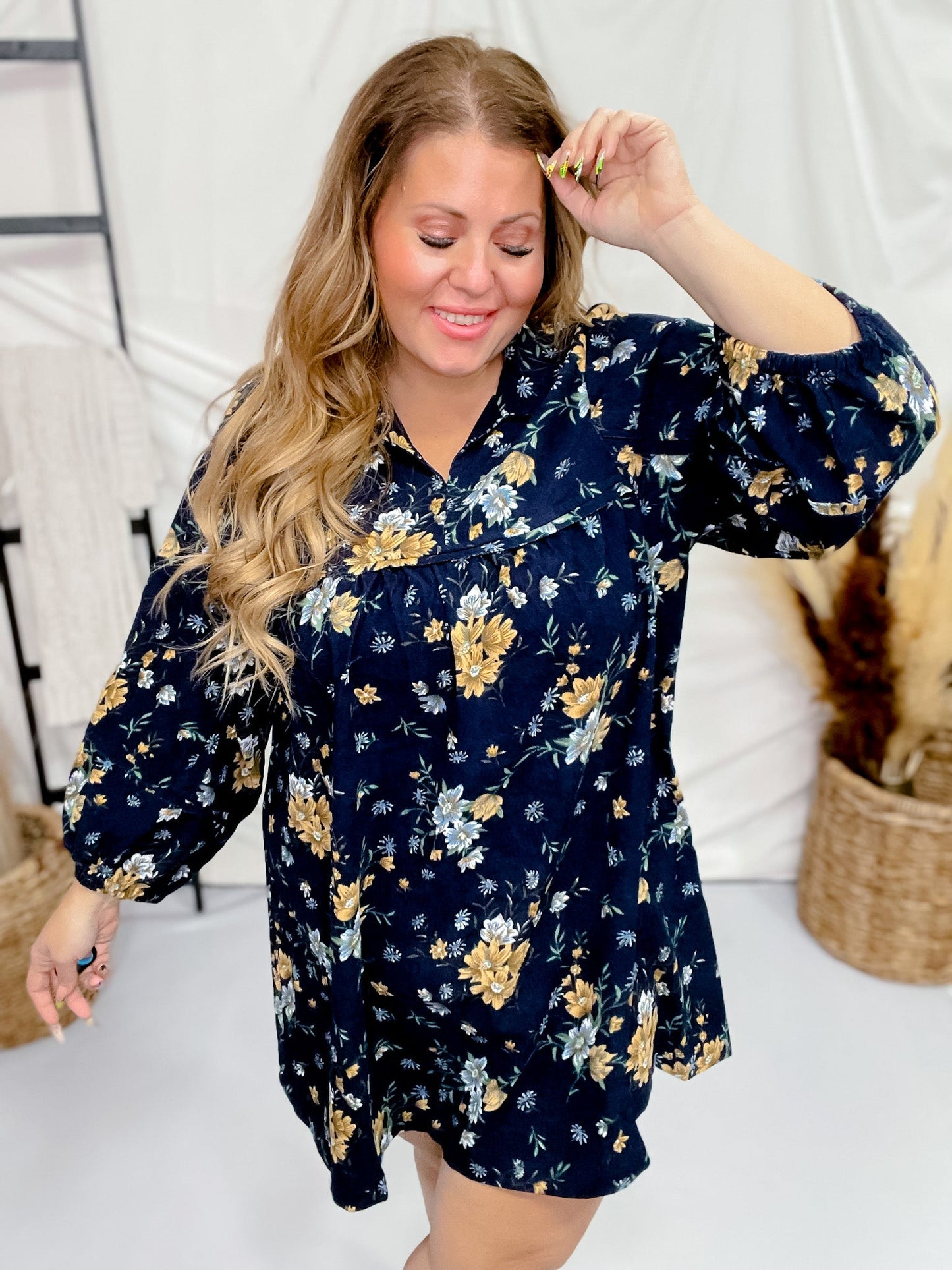 Floral Corduroy Collared Midi Dress - Whiskey Skies - UMGEE