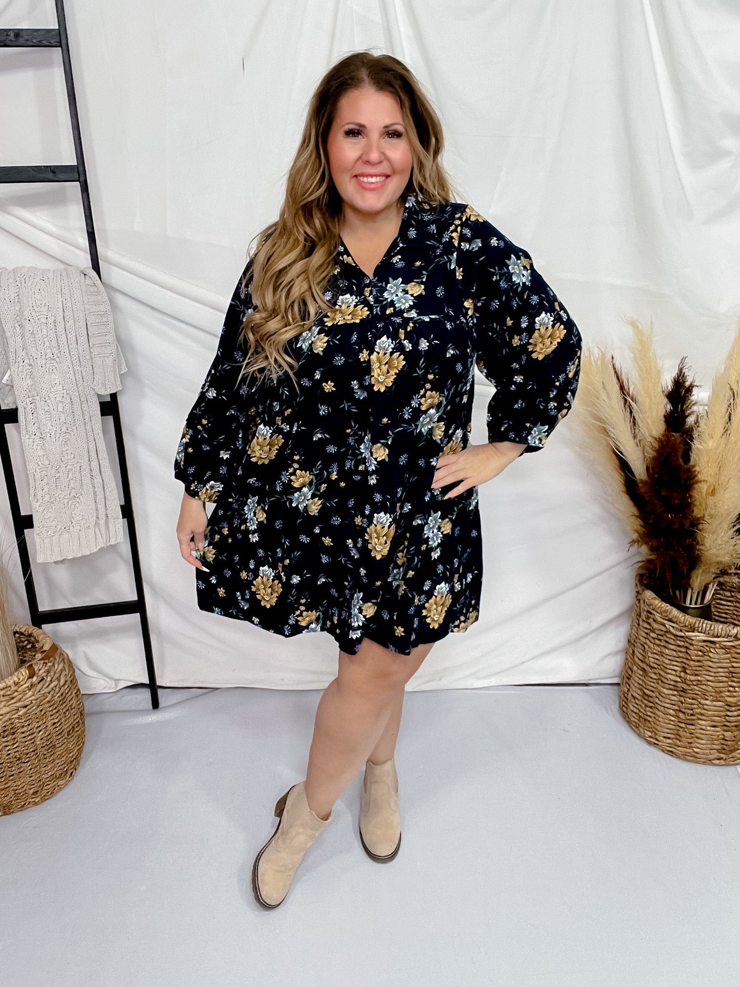 Floral Corduroy Collared Midi Dress - Whiskey Skies - UMGEE
