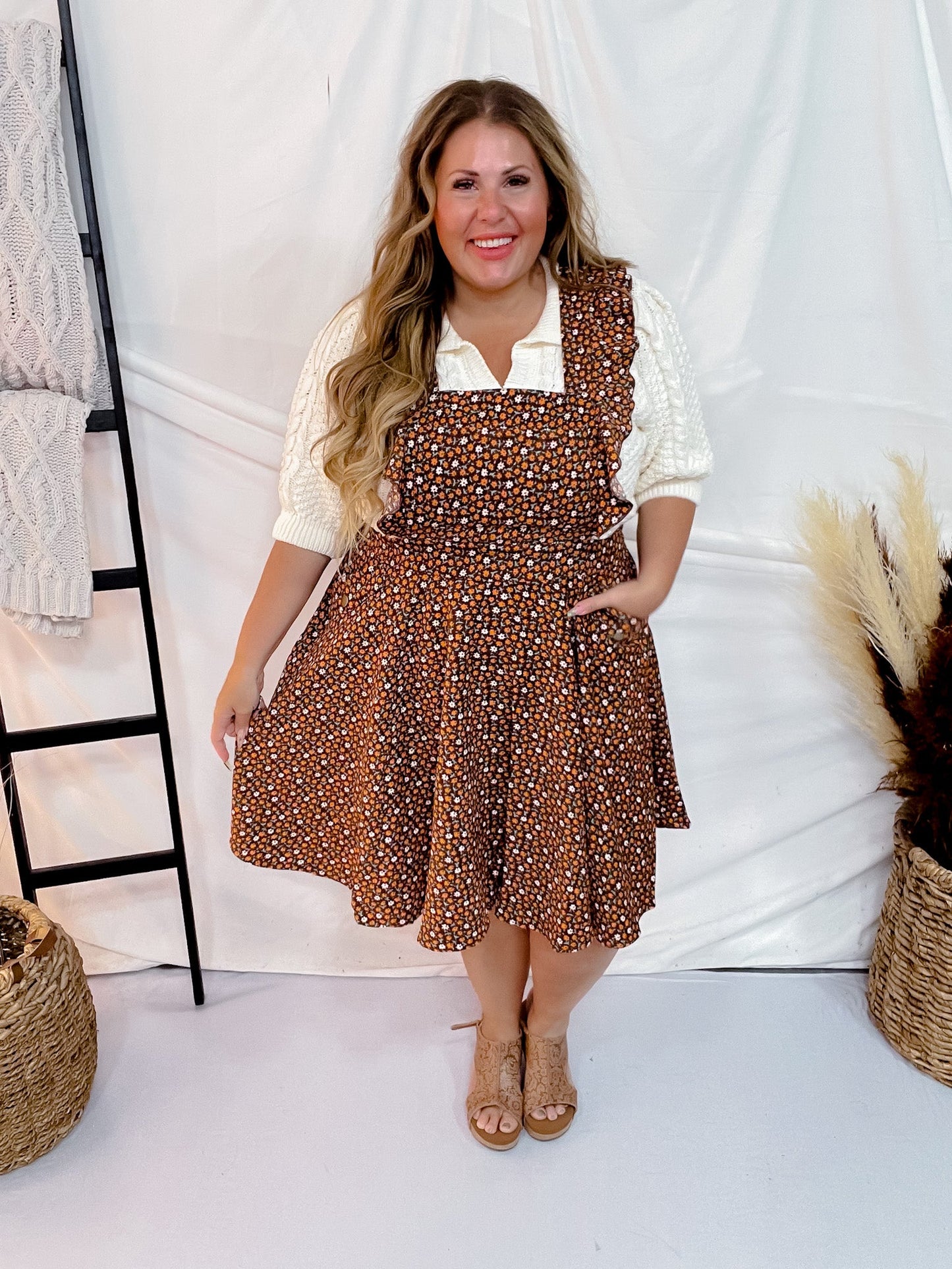 Floral Corduroy Pinafore - Whiskey Skies - UNIQUE VINTAGE