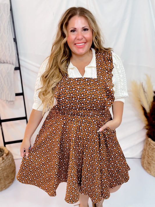 Floral Corduroy Pinafore - Whiskey Skies - UNIQUE VINTAGE