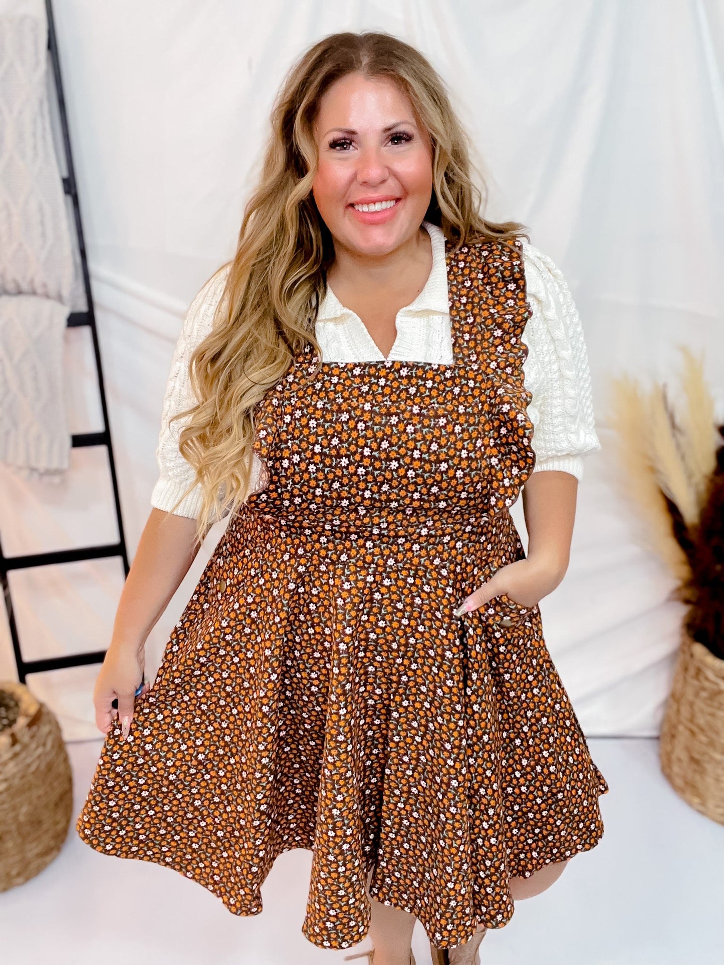 Floral Corduroy Pinafore - Whiskey Skies - UNIQUE VINTAGE