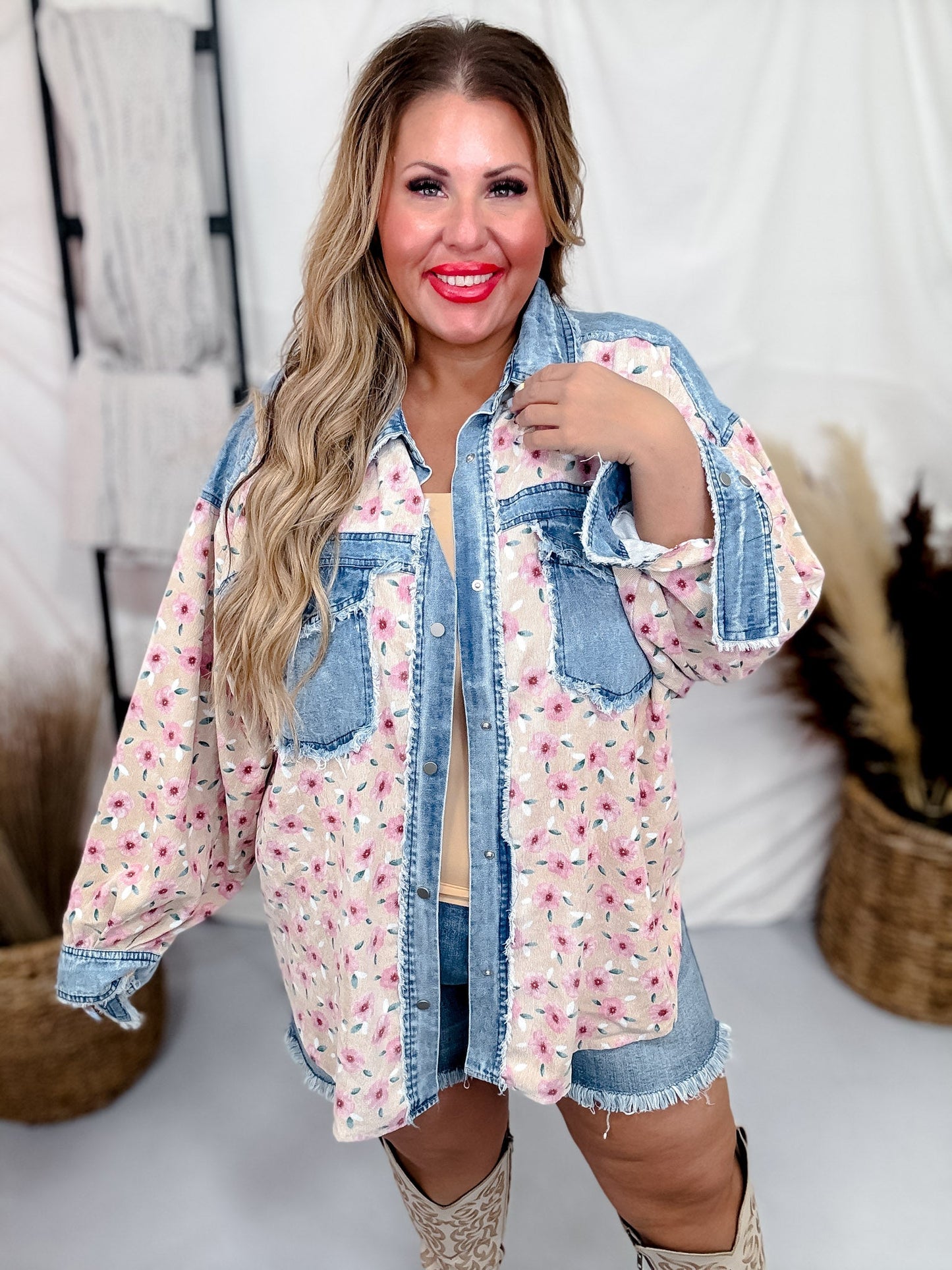 Floral Corduroy Washed Denim Mix & Match Shirt - Whiskey Skies - BIBI