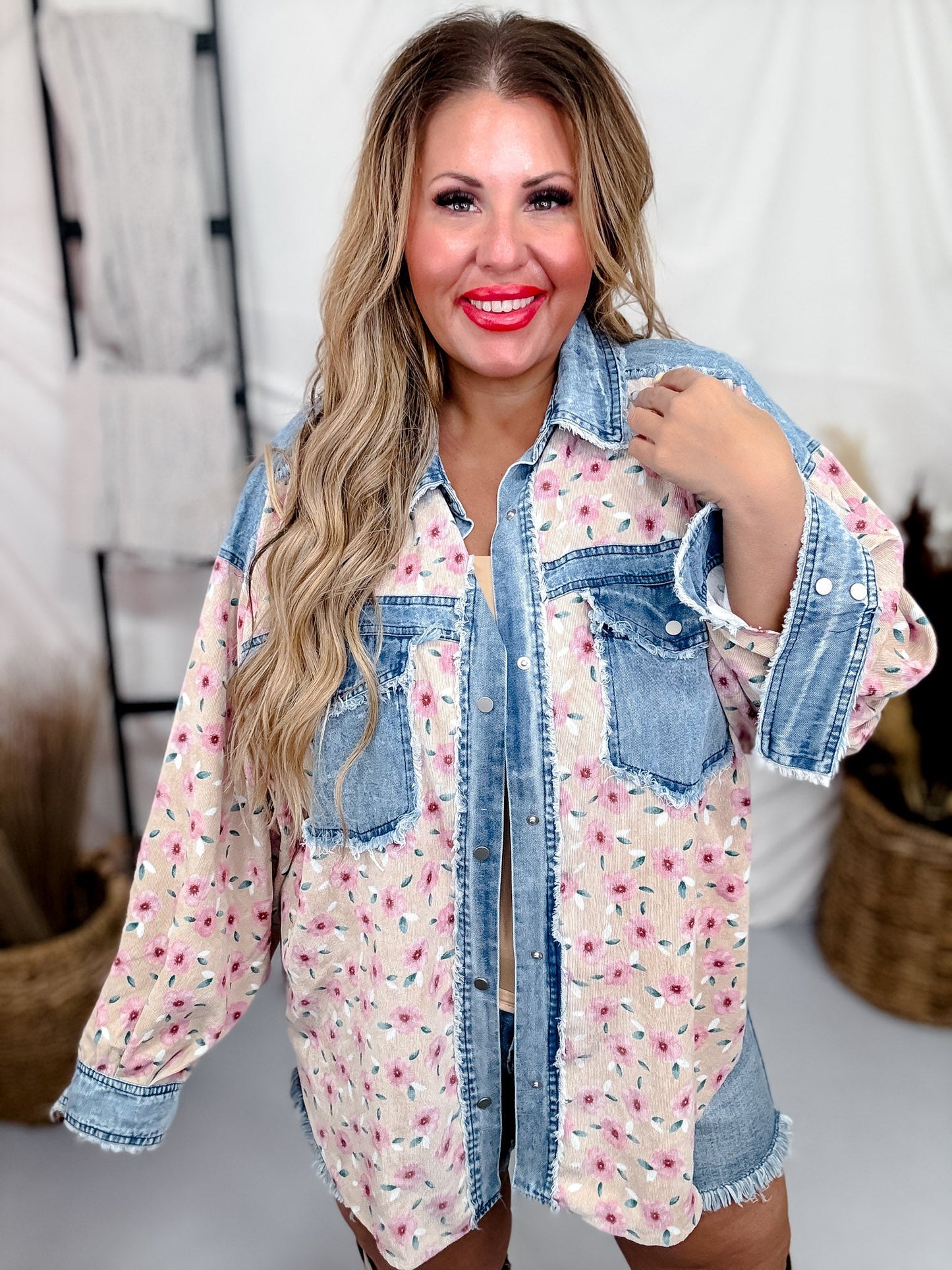 Floral Corduroy Washed Denim Mix & Match Shirt - Whiskey Skies - BIBI