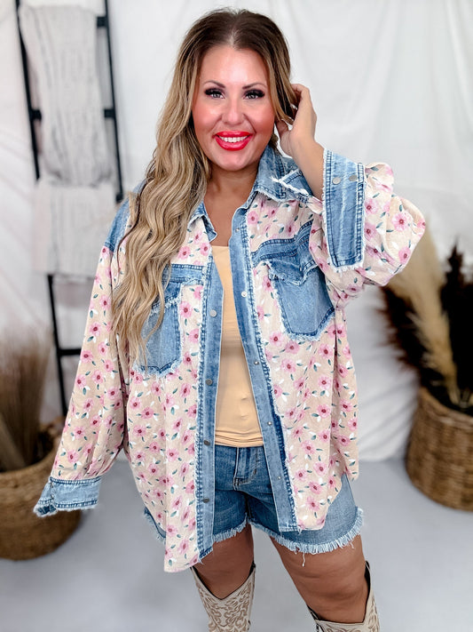 Floral Corduroy Washed Denim Mix & Match Shirt - Whiskey Skies - BIBI
