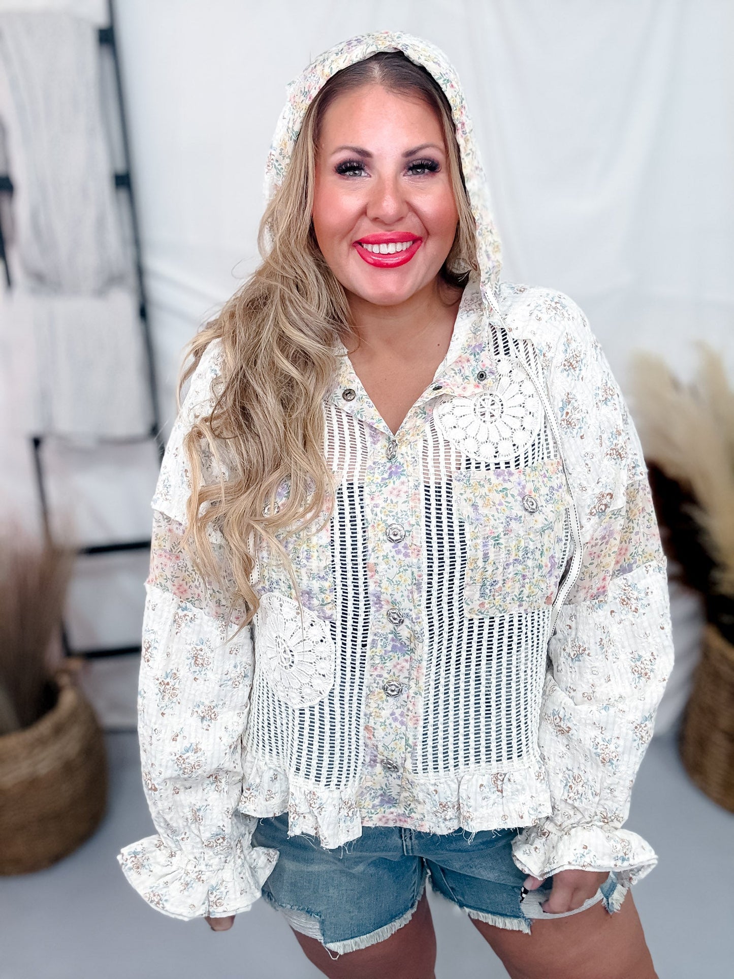 Floral & Crochet Button Down Hooded Long Sleeve Top - Whiskey Skies - POL CLOTHING INC.