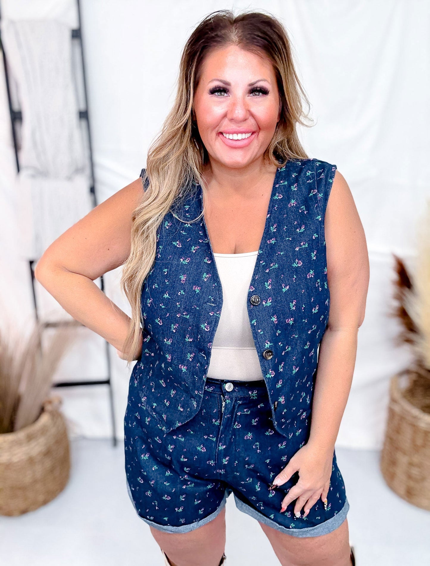 Floral Denim Cuffed Shorts With Pleats - Whiskey Skies - DAVI & DANI