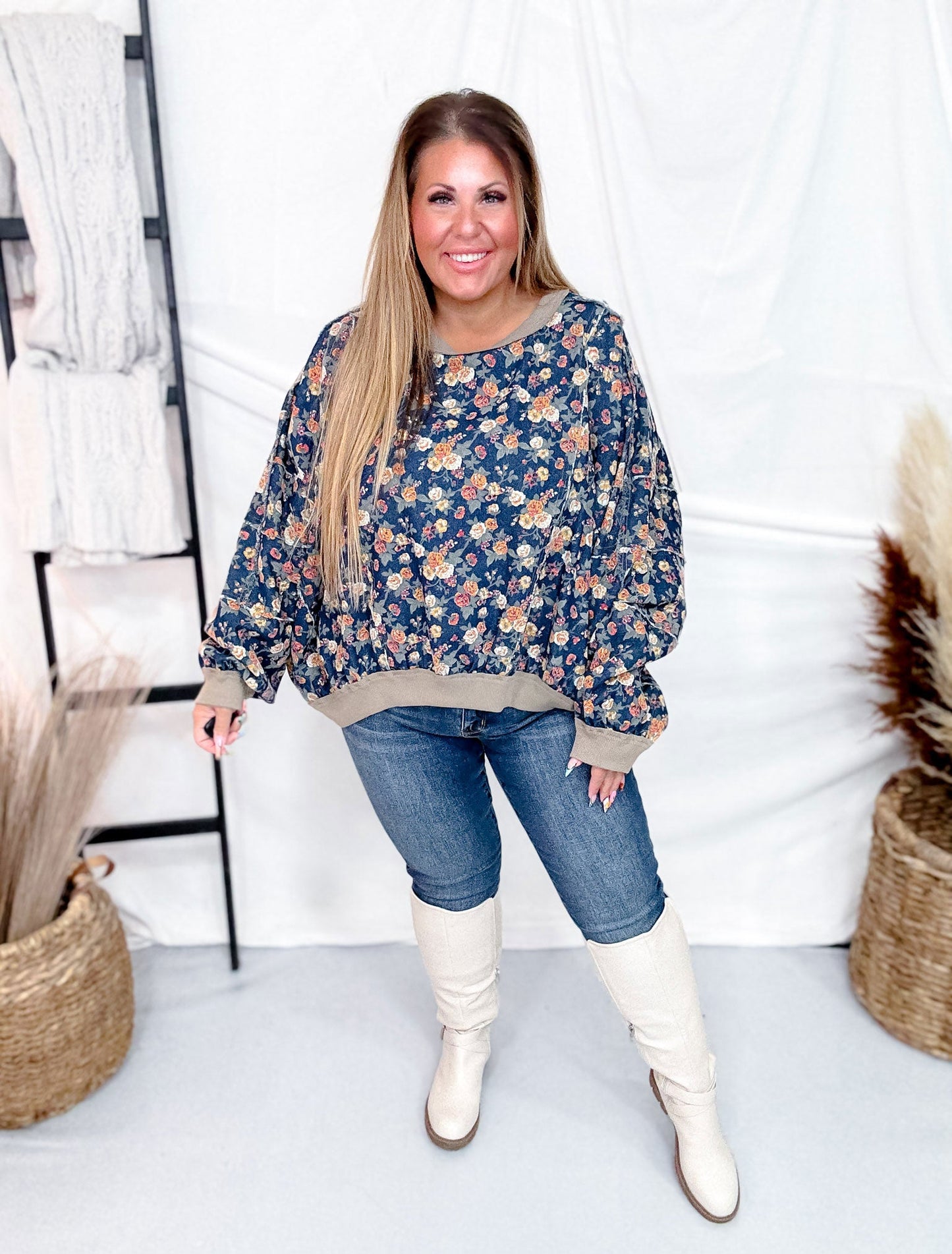 Floral Denim Long Sleeve Shirt With Frayed Details - Whiskey Skies - BIBI
