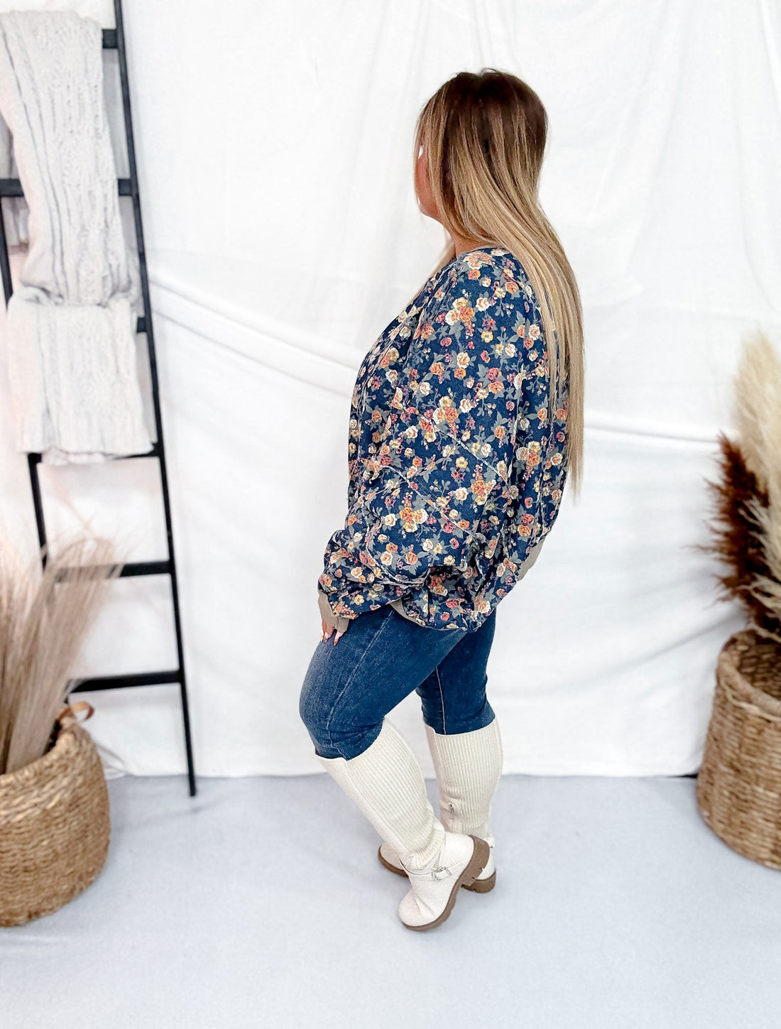 Floral Denim Long Sleeve Shirt With Frayed Details - Whiskey Skies - BIBI