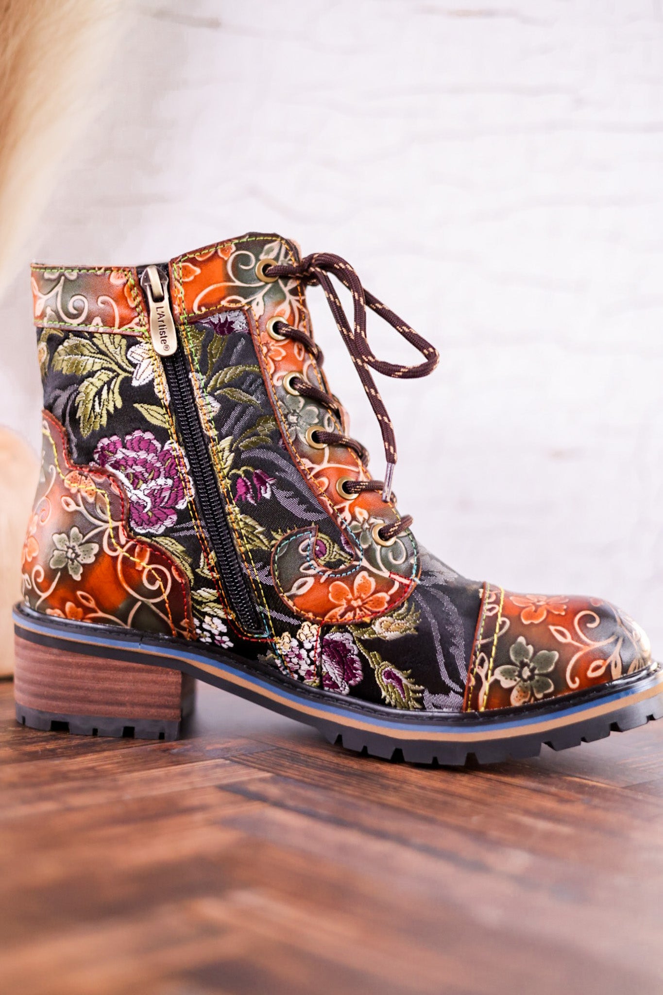 Floral Embossed Combat Boots - Whiskey Skies - SPRING FOOTWEAR