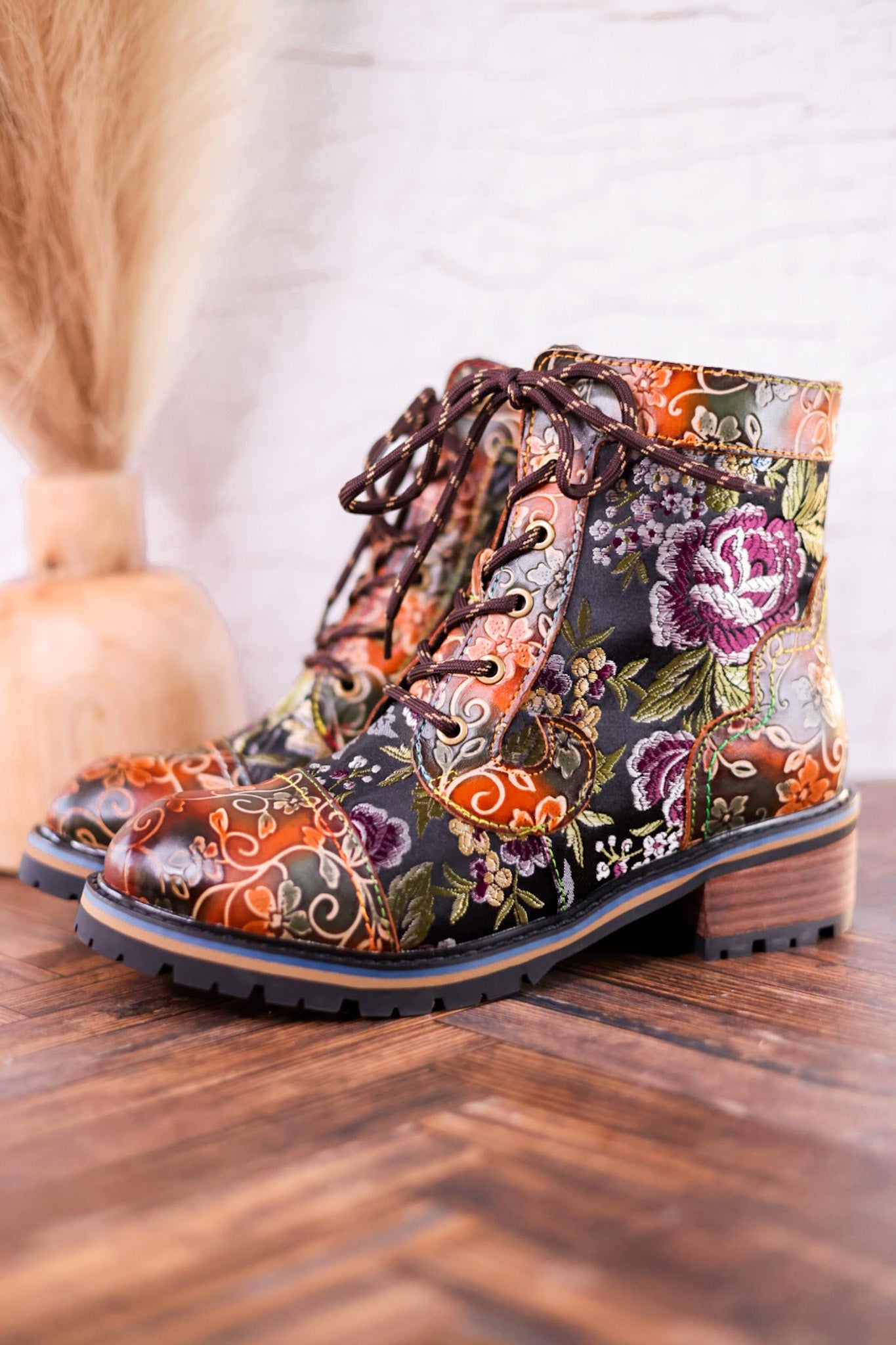 Floral Embossed Combat Boots - Whiskey Skies - SPRING FOOTWEAR